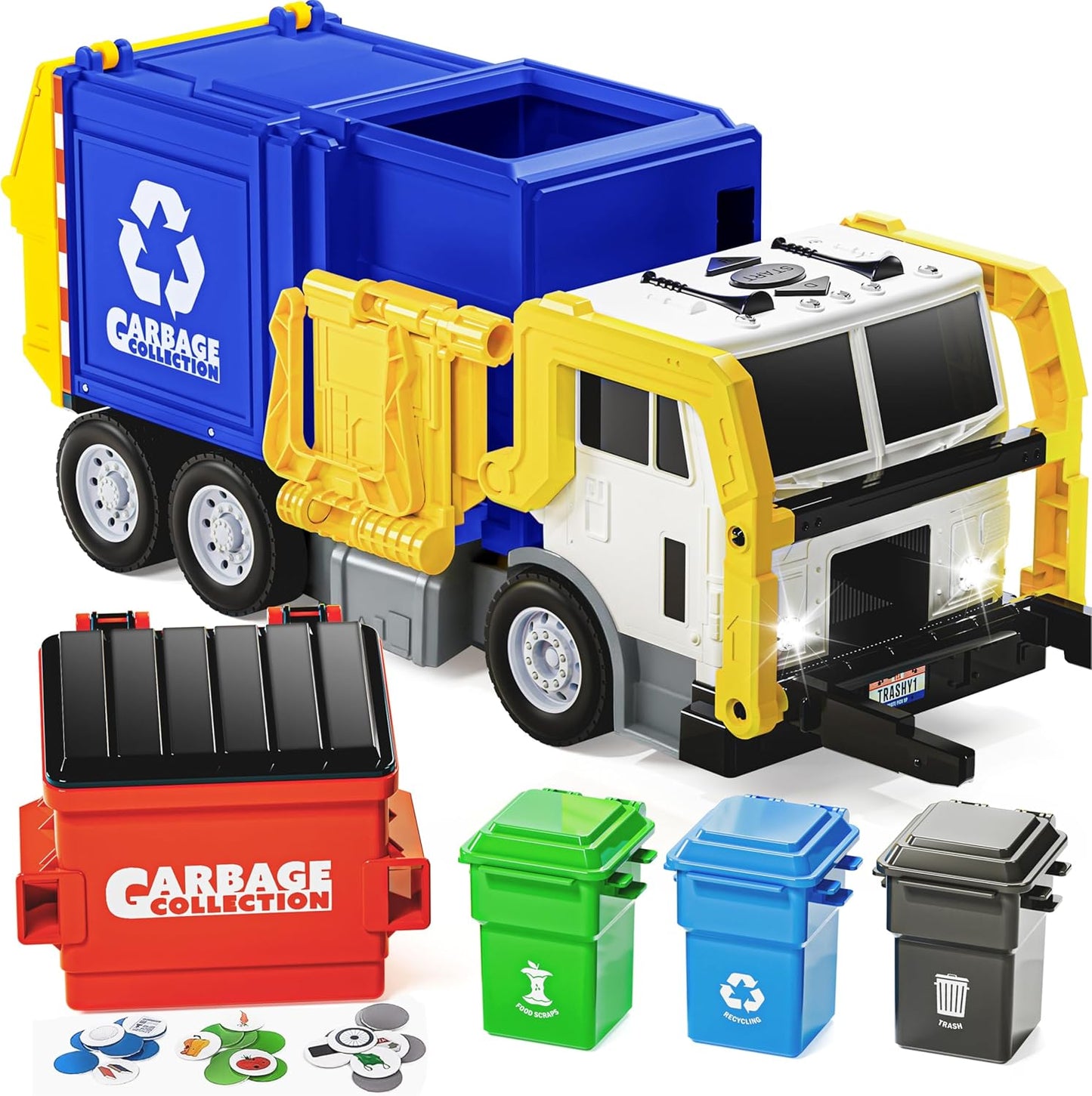 JOYIN Large Friction Powered Garbage Truck Toy Set, Includes Dumpster, Trash Bins, and Learning Cards for Kids Quick Pick Grocers