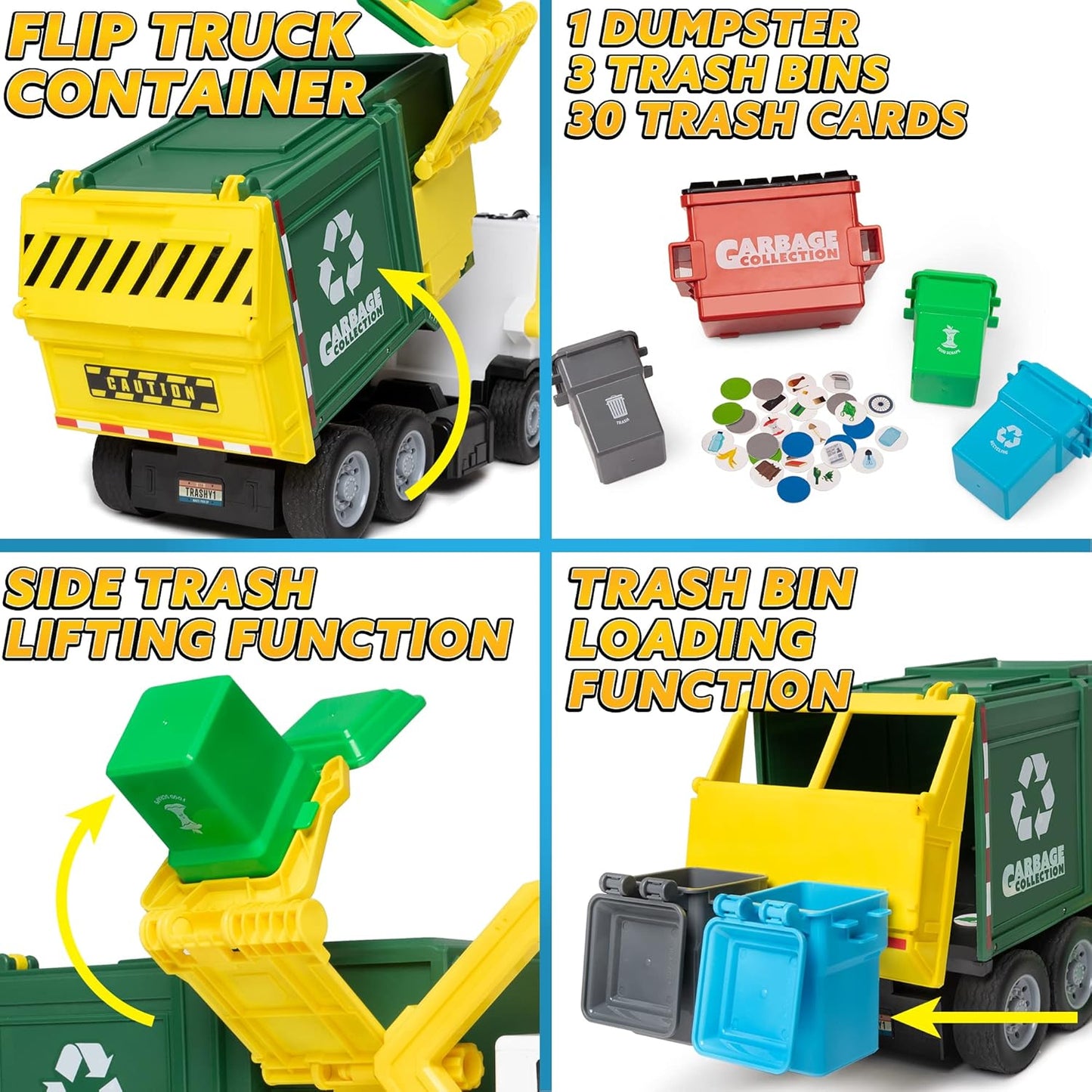 JOYIN Large Friction Powered Garbage Truck Toy Set, Includes Dumpster, Trash Bins, and Learning Cards for Kids Quick Pick Grocers