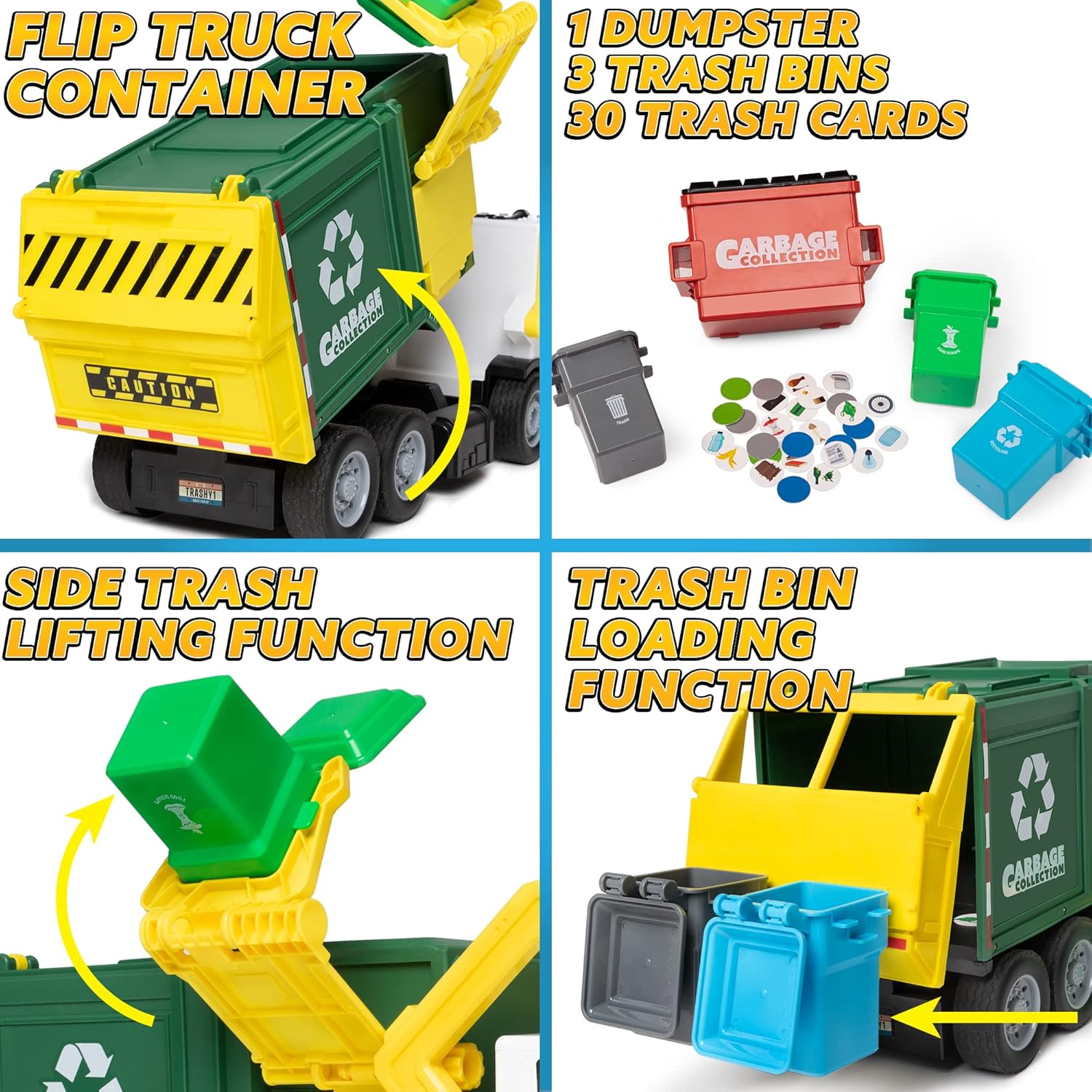 JOYIN Large Friction Powered Garbage Truck Toy Set, Includes Dumpster, Trash Bins, and Learning Cards for Kids Quick Pick Grocers