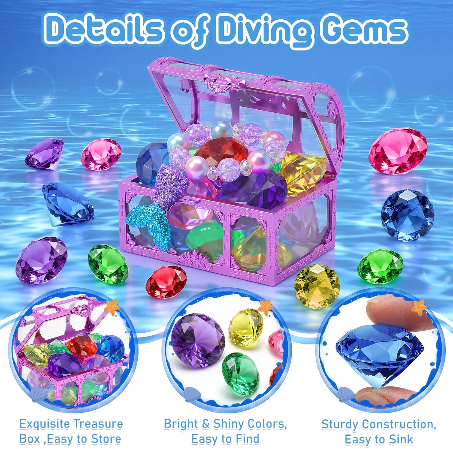 VGOFUN Diving Gems Pool Toys,10 Pcs Colorful Diamond with Treasure Chest Pirate Box Kids Swim Toys Acrylic Underwater Gemstone for Boys Girls Bath Toys Swimming Training Gift Water Pool Games Quick Pick Grocers