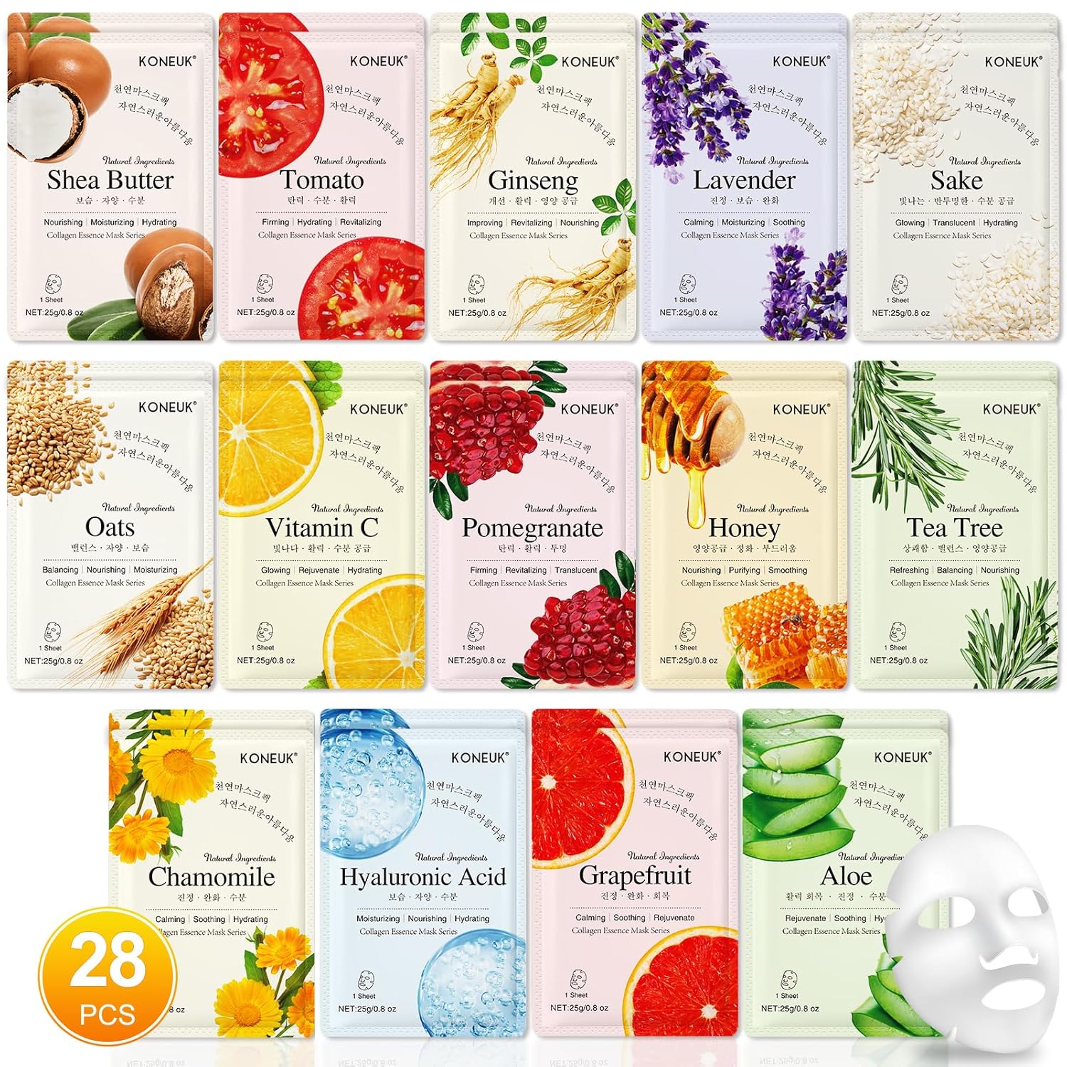KONEUK 28 Pack Sheet Face Masks Skincare, Hydrating Face Masks Suitable for Sensitive Skin, Bulk Facial Mask Gifts Set for Women Skin Care, Home Skincare Spa for All Skin Types Quick Pick Grocers