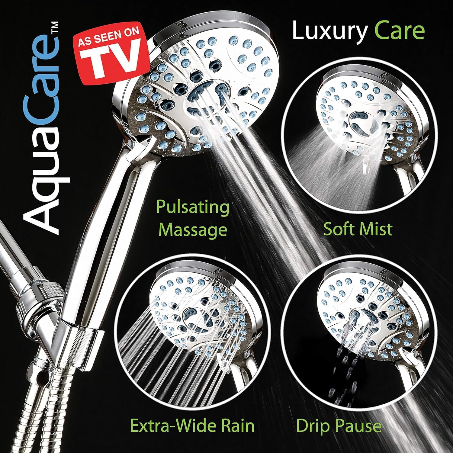 Hotel Spa AquaCare High Pressure 8-mode Handheld Shower Head, Anti-clog Nozzles - Built-in Power Wash to Clean Tub, Tile & Pets, Extra Long 6 ft. Stainless Steel Hose, Wall & Overhead Brackets Quick Pick Grocers