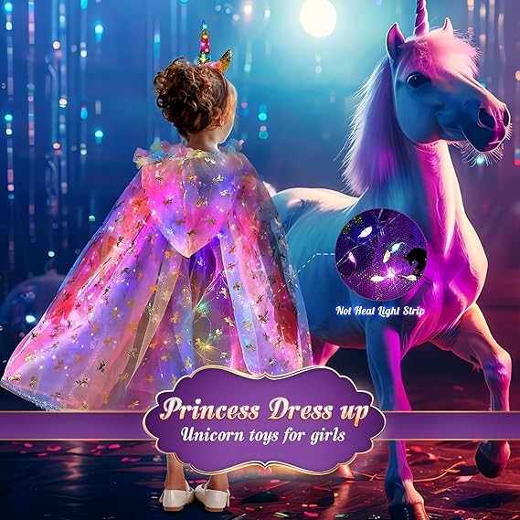 Fedio Princess Dress up for Girls,Unicorn Light up Princess Cape Set,Light up Princess Dress with Unicorn Toys for Girls 3-8 Quick Pick Grocers