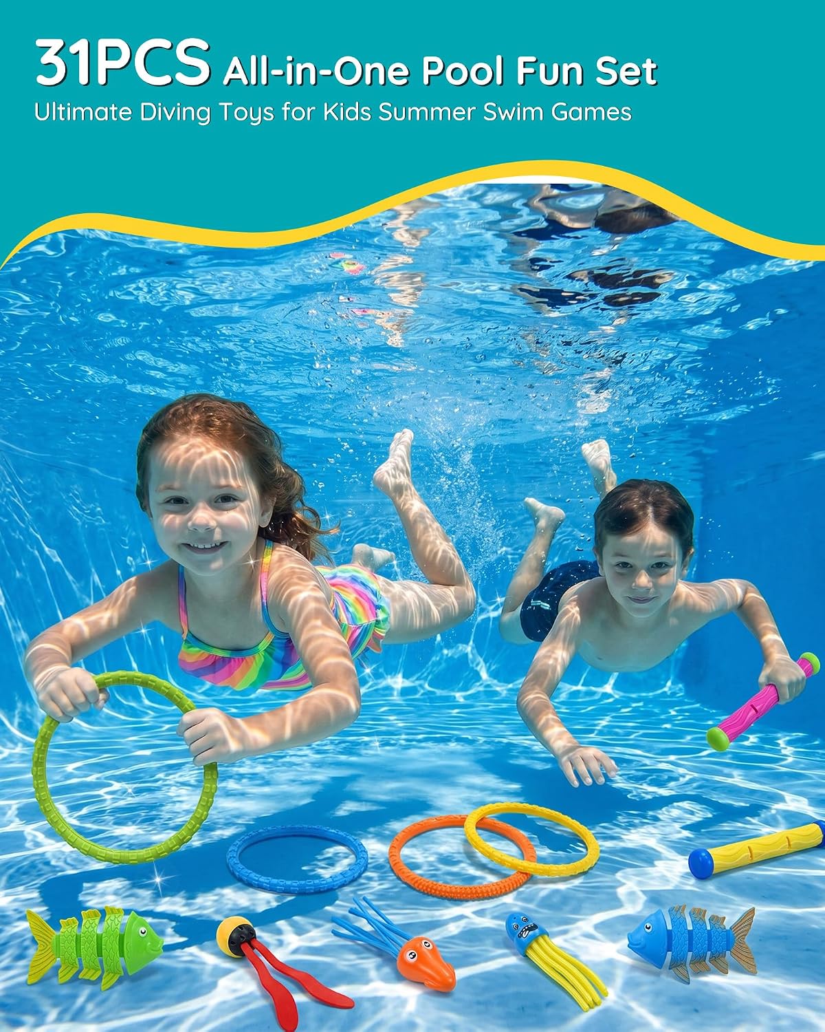 Click to see full view 31Pcs Swim Dive Toys Pool Games Outdoor Water Essential Bath Accessories for Kid Toddler Baby Toy Age 3 4 5 6 7 8 9 10 11 12 Year Old Cool Girl Boy Stuff Fun Summer Gift Quick Pick Grocers