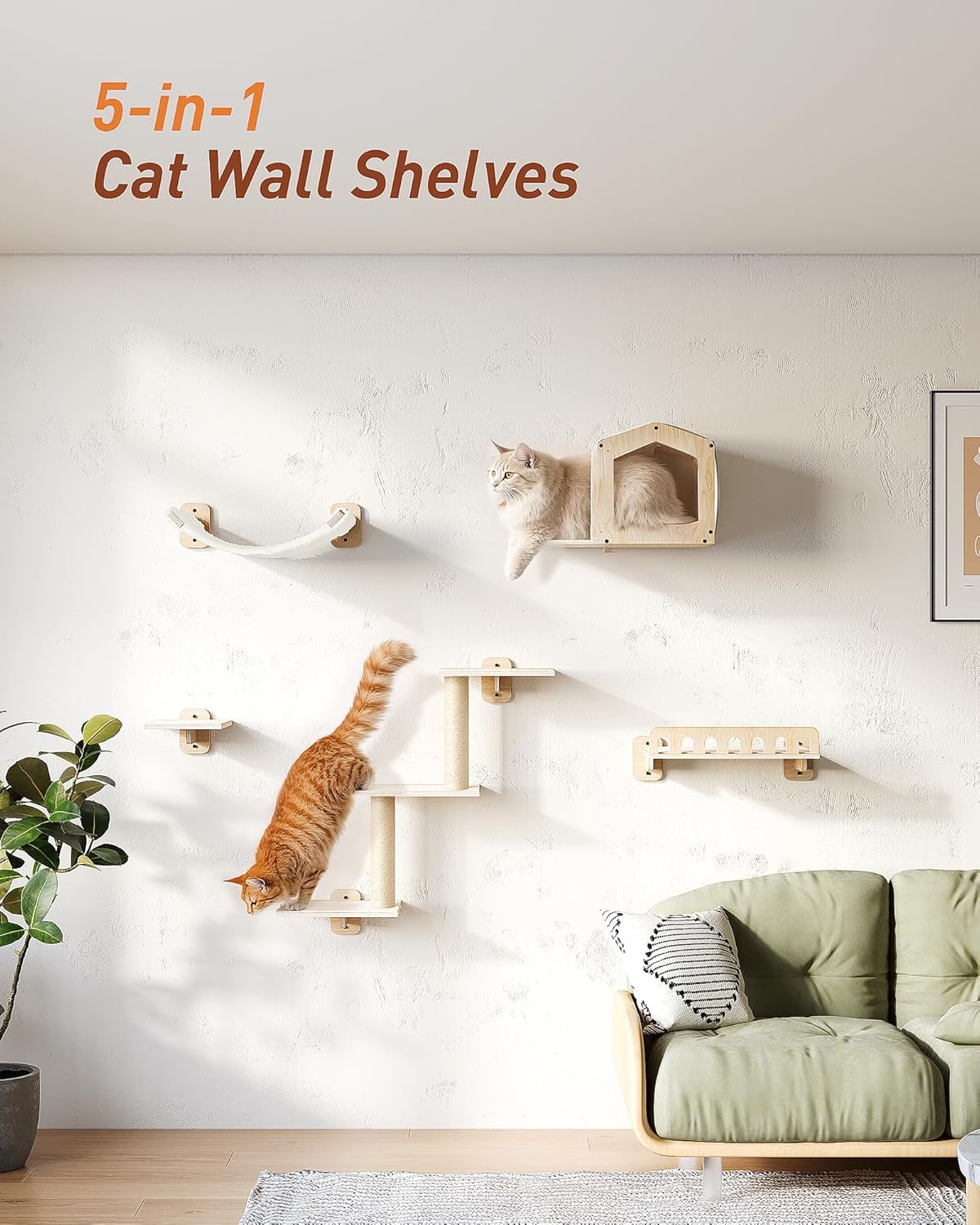 Cat Wall Shelves for Large Cats, 5-in-1 Cat Wall Furniture with Large Hammock and Wide Perch, Wooded Wall Climbing Furniture Set for Indoor Cats Quick Pick Grocers