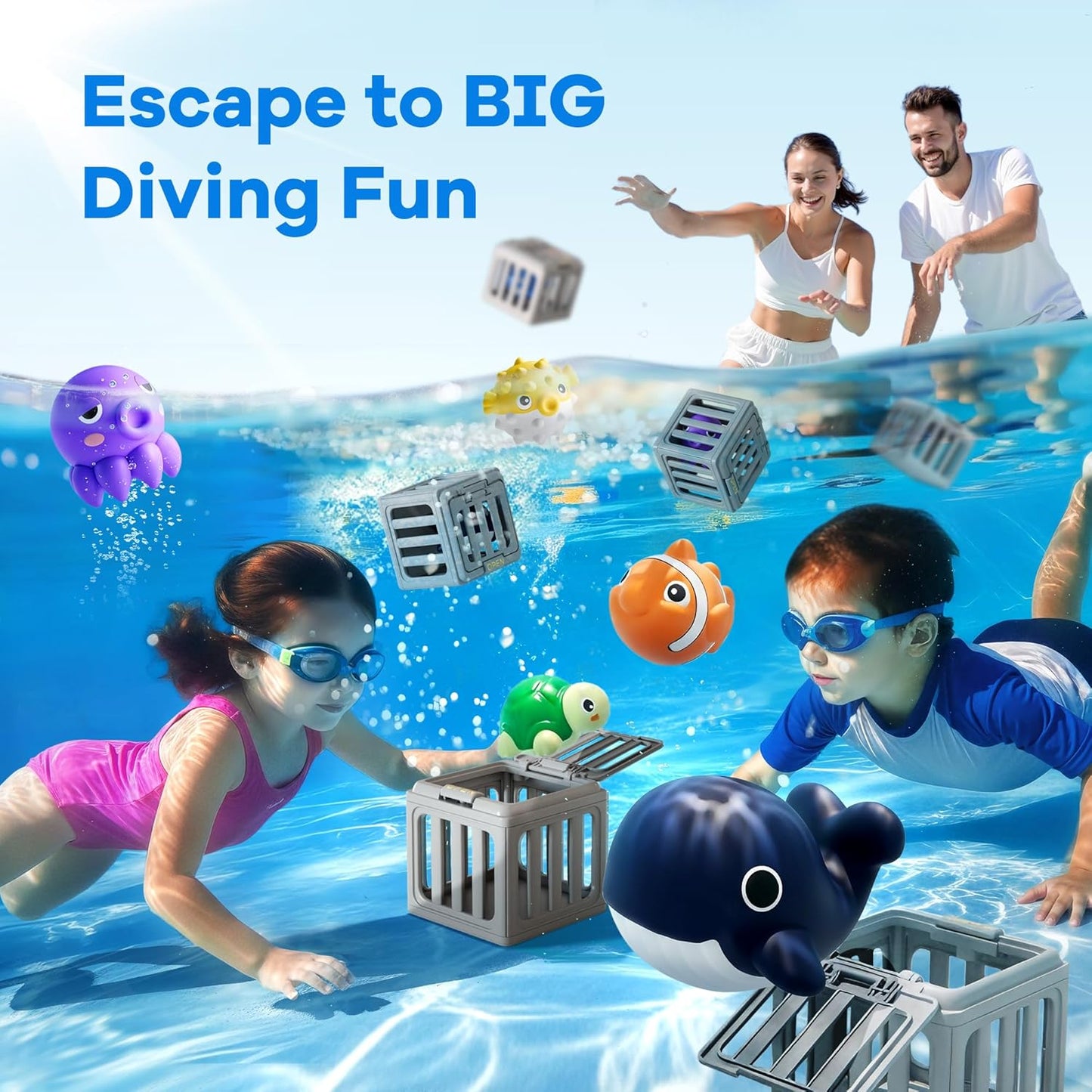 Funscape Kids Pool Diving Toys, Water Swimming Dive Pool Game, Toddler Bath Toy Play Set W/ Fish Box Floating Animals, Fun Outdoor Beach Lake Swim Summer Party Gift 3 4 5 6 7 8 10 12 Year Old Boy Girl Quick Pick Grocers