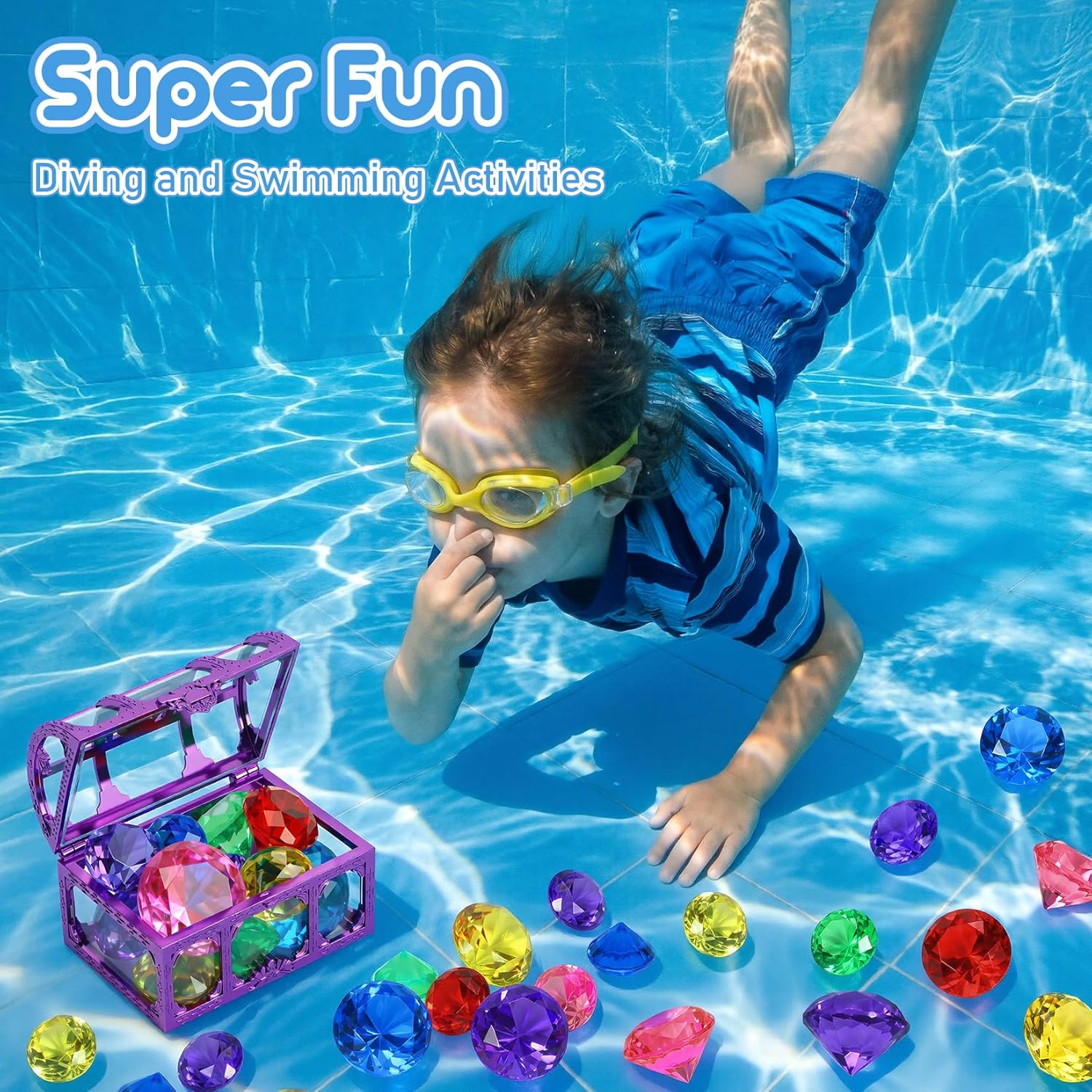 VGOFUN Diving Gems Pool Toys,10 Pcs Colorful Diamond with Treasure Chest Pirate Box Kids Swim Toys Acrylic Underwater Gemstone for Boys Girls Bath Toys Swimming Training Gift Water Pool Games Quick Pick Grocers