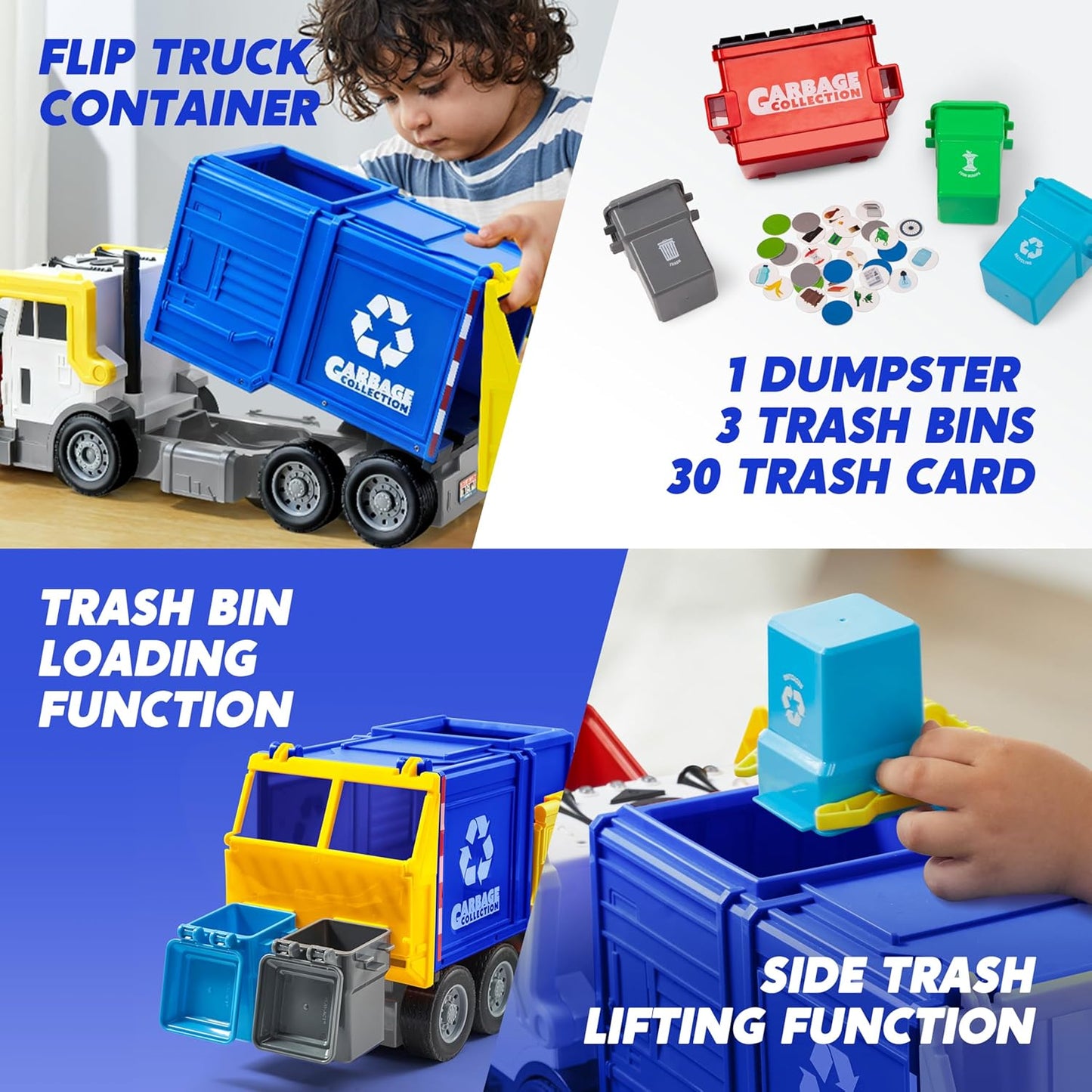 JOYIN Large Friction Powered Garbage Truck Toy Set, Includes Dumpster, Trash Bins, and Learning Cards for Kids Quick Pick Grocers
