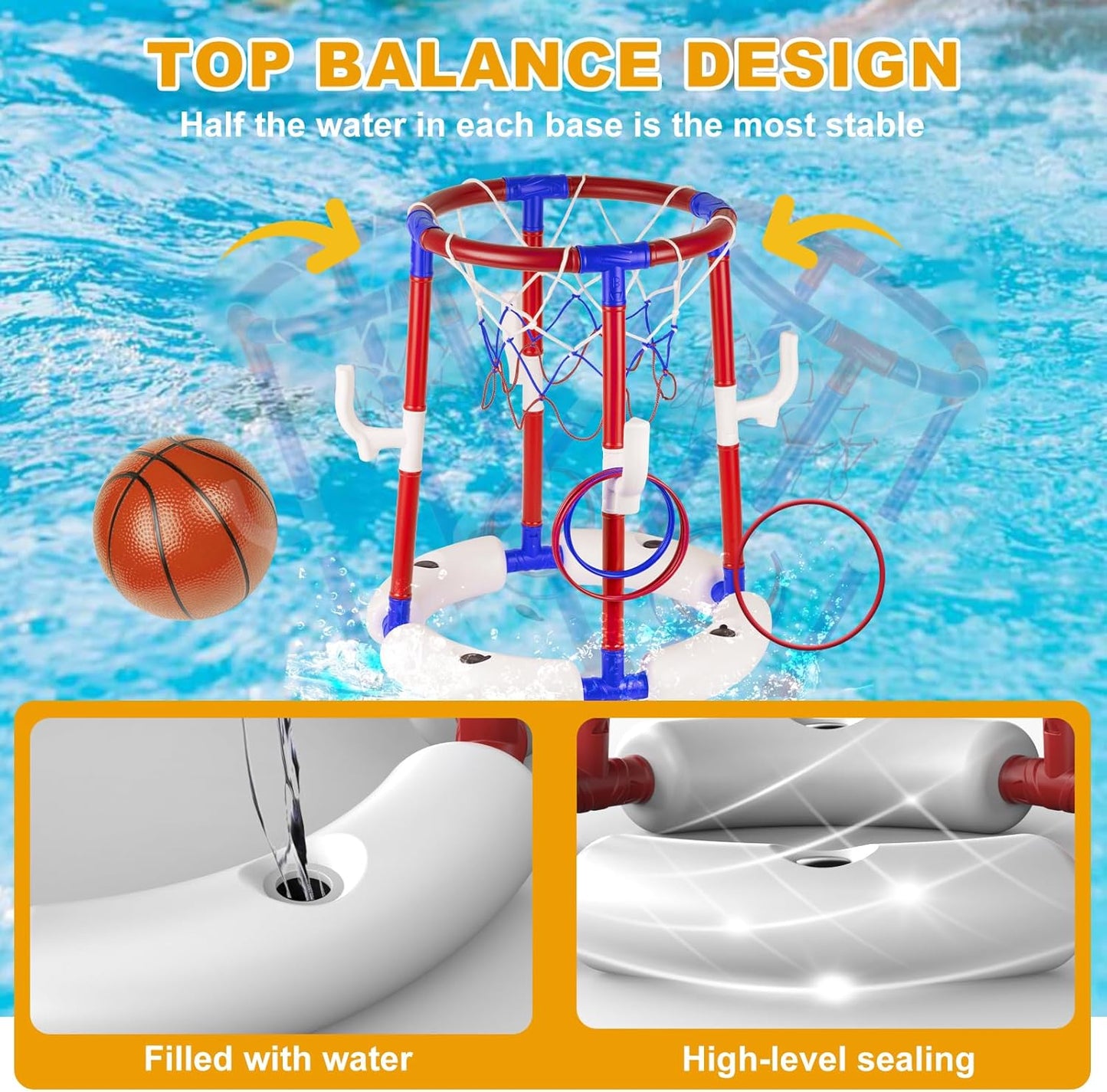 2-in-1 Poor Toy Basketball & Ring Toss Game with 4 Balls, 6 Rings&Pump, Summer Pool Toys Outdoor Water Fun Family Party for Age 3-12 Quick Pick Grocers