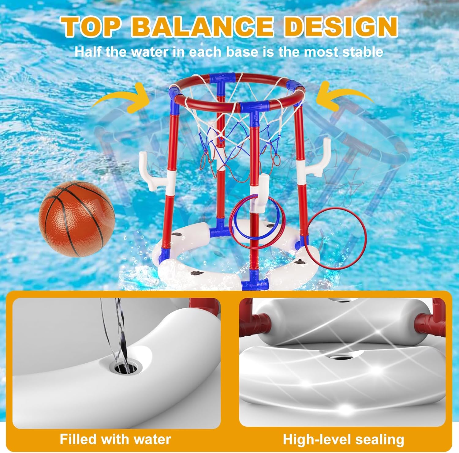 2-in-1 Poor Toy Basketball & Ring Toss Game with 4 Balls, 6 Rings&Pump, Summer Pool Toys Outdoor Water Fun Family Party for Age 3-12 Quick Pick Grocers