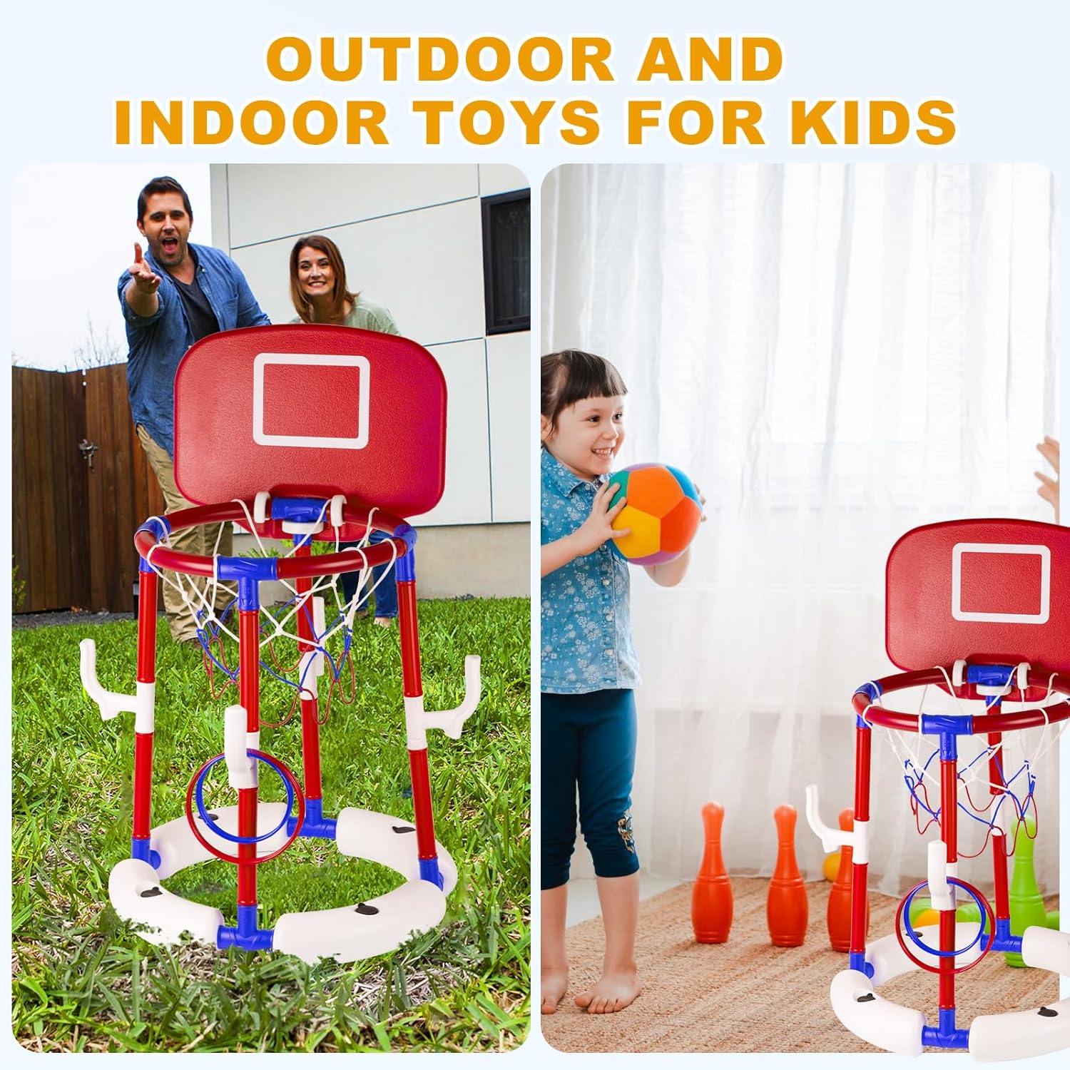 2-in-1 Poor Toy Basketball & Ring Toss Game with 4 Balls, 6 Rings&Pump, Summer Pool Toys Outdoor Water Fun Family Party for Age 3-12 Quick Pick Grocers
