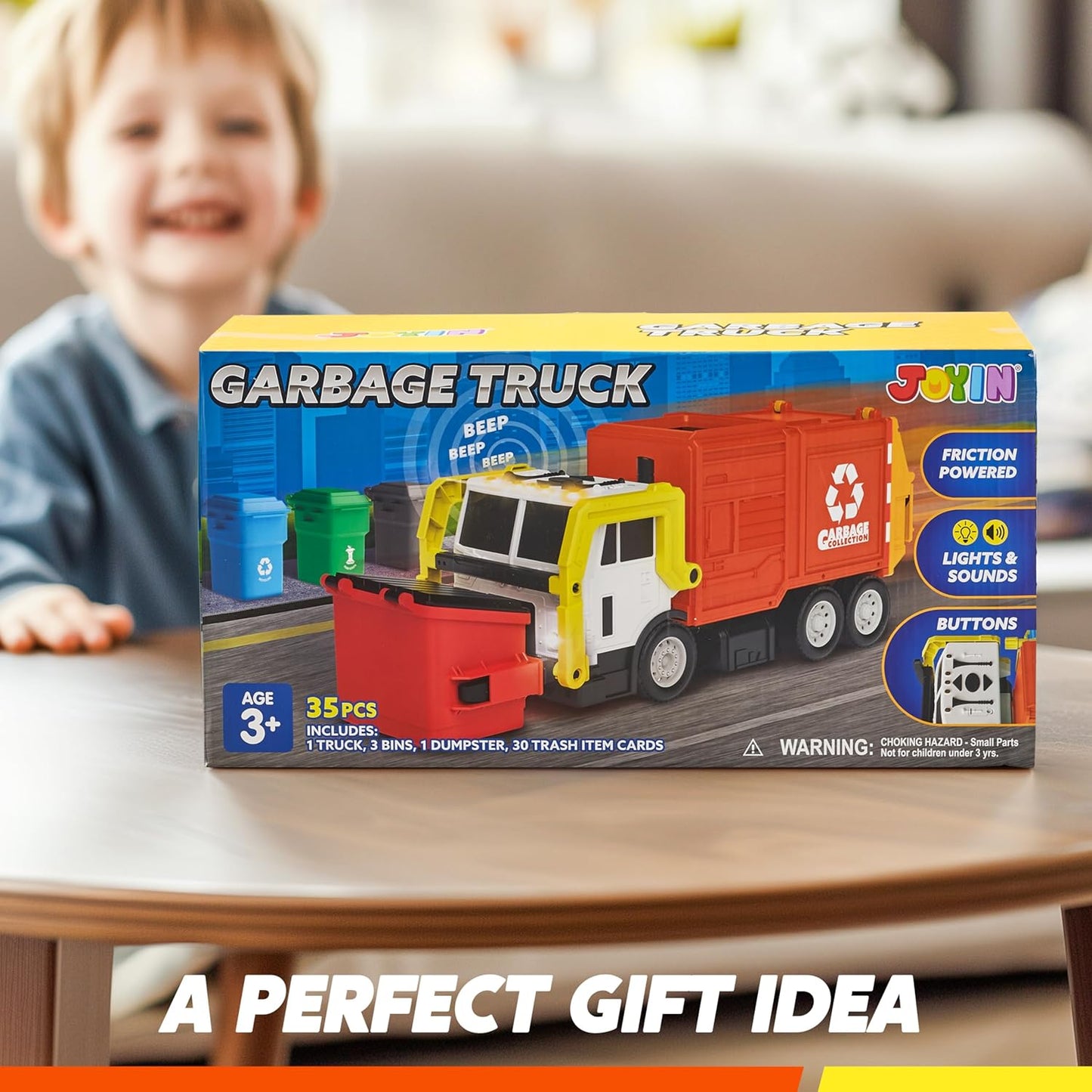 JOYIN Large Friction Powered Garbage Truck Toy Set, Includes Dumpster, Trash Bins, and Learning Cards for Kids Quick Pick Grocers