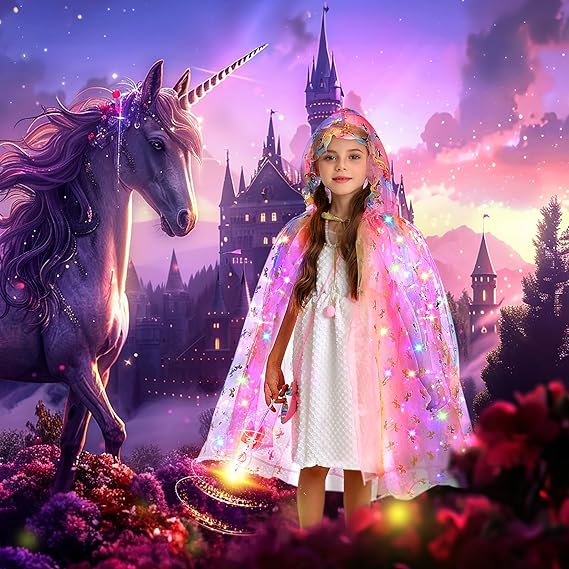 Fedio Princess Dress up for Girls,Unicorn Light up Princess Cape Set,Light up Princess Dress with Unicorn Toys for Girls 3-8 Quick Pick Grocers