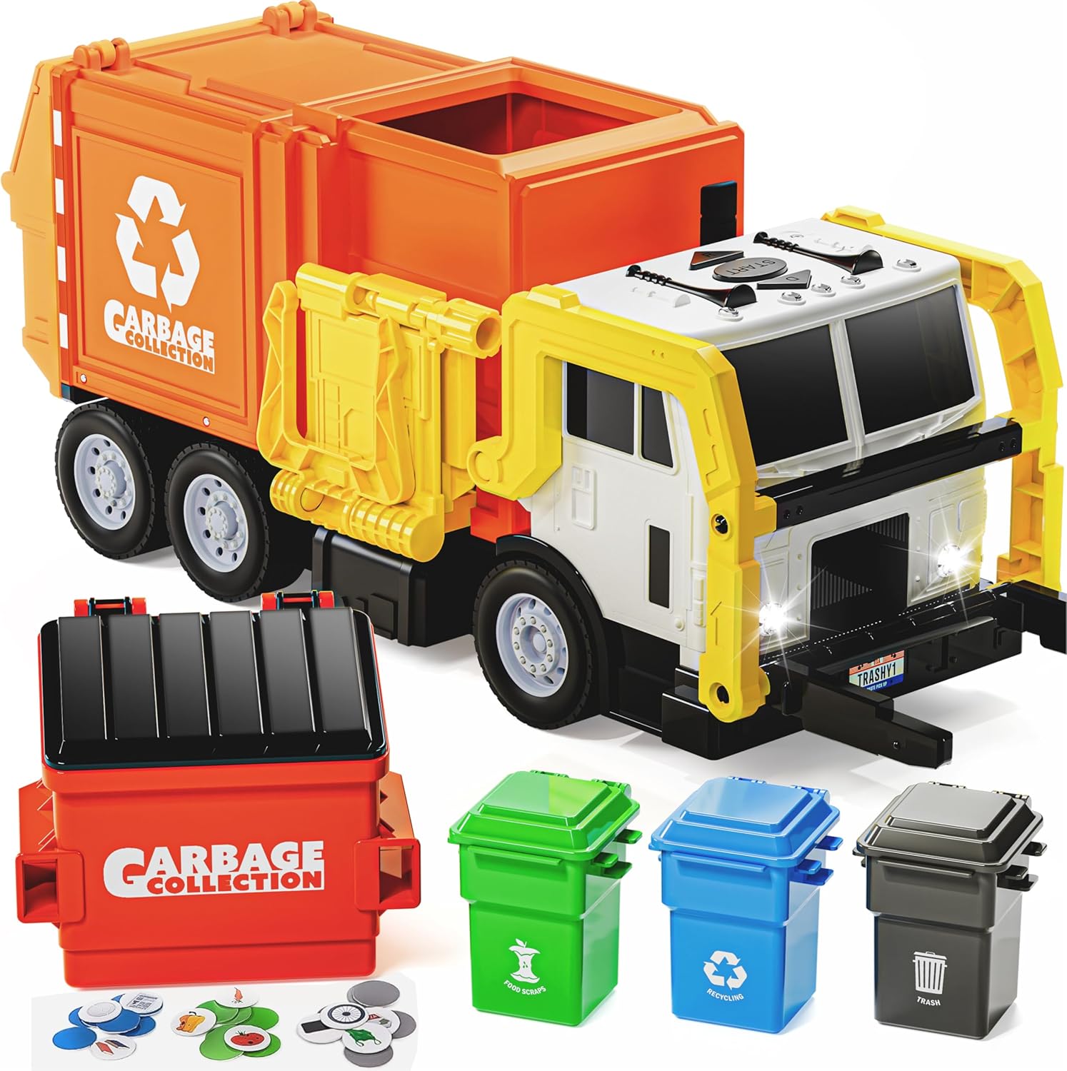 JOYIN Large Friction Powered Garbage Truck Toy Set, Includes Dumpster, Trash Bins, and Learning Cards for Kids Quick Pick Grocers