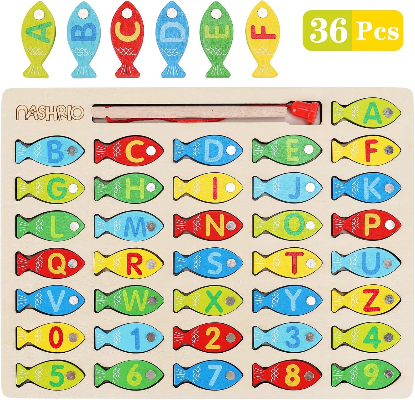 Magnetic Wooden Fishing Game Toy for Toddlers, Alphabet Fish Catching Counting Games Puzzle with Numbers and Letters, Preschool Learning ABC Math Educational Toys 3 4 5 Years Old Girl Boy Kids Quick Pick Grocers