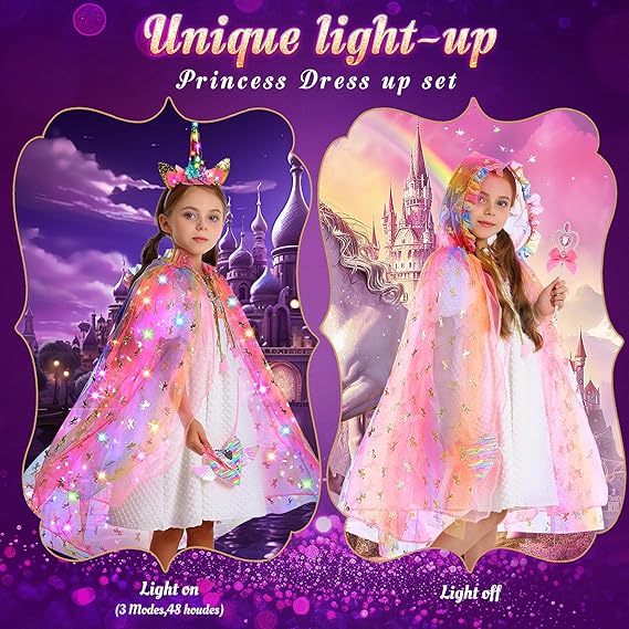 Fedio Princess Dress up for Girls,Unicorn Light up Princess Cape Set,Light up Princess Dress with Unicorn Toys for Girls 3-8 Quick Pick Grocers