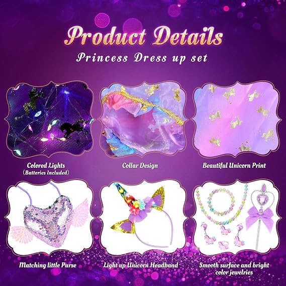Fedio Princess Dress up for Girls,Unicorn Light up Princess Cape Set,Light up Princess Dress with Unicorn Toys for Girls 3-8 Quick Pick Grocers