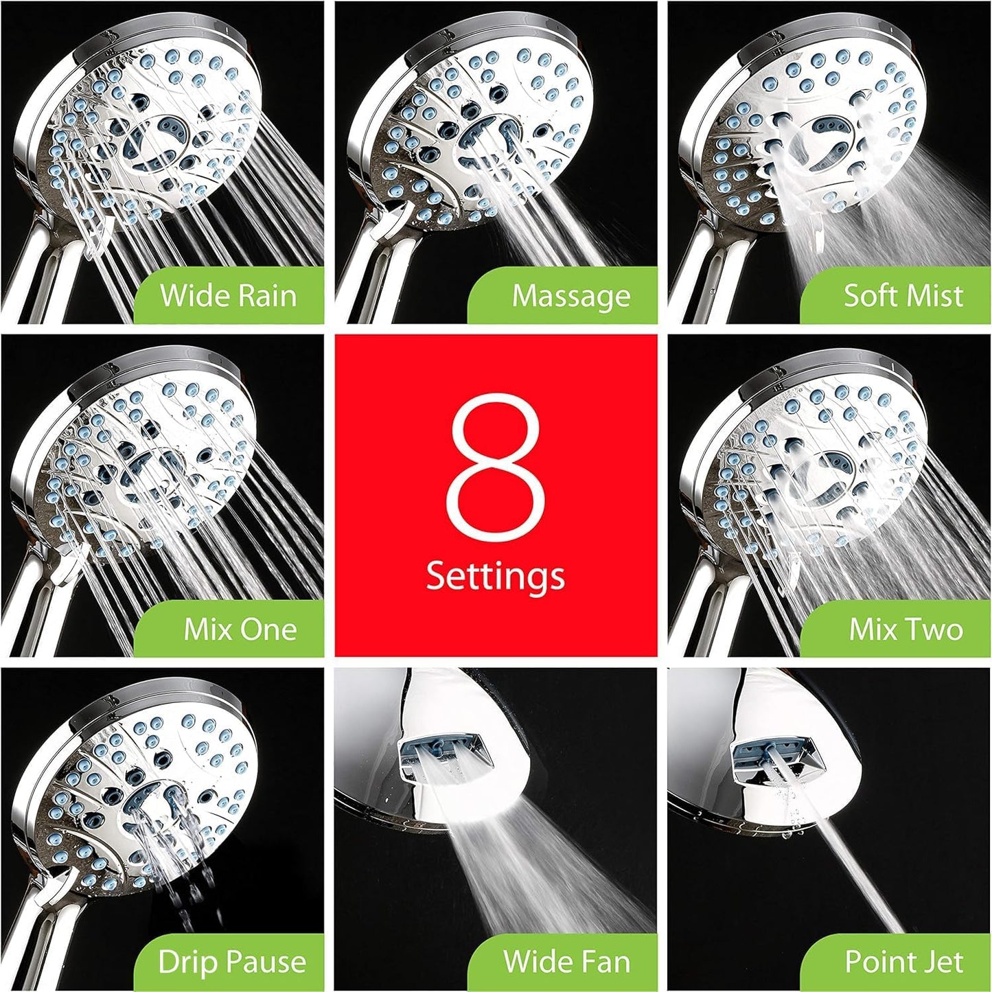 Hotel Spa AquaCare High Pressure 8-mode Handheld Shower Head, Anti-clog Nozzles - Built-in Power Wash to Clean Tub, Tile & Pets, Extra Long 6 ft. Stainless Steel Hose, Wall & Overhead Brackets Quick Pick Grocers