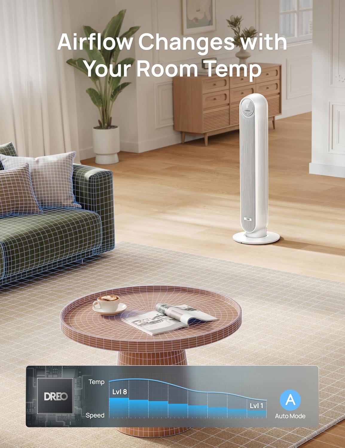 DREO Tower Fan for Bedroom, 2026 Upgraded DC Motor, 28ft/s High Velocity, 20dB Ultra Quiet Standing Fan, 8 Speeds 4 Modes, 90° Oscillating Bladeless Fan for Indoors, Floor Fans with Remote Quick Pick Grocers
