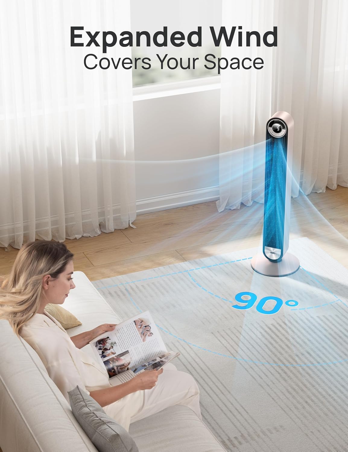 DREO Tower Fan for Bedroom, 90° Oscillating Standing Fan with 28ft/s Velocity, 20dB Quiet for Sleep, DC Motor, 9 Speeds, 4 Modes, 12H Timer, Voice & APP & Remote Control, Starlight Quick Pick Grocers