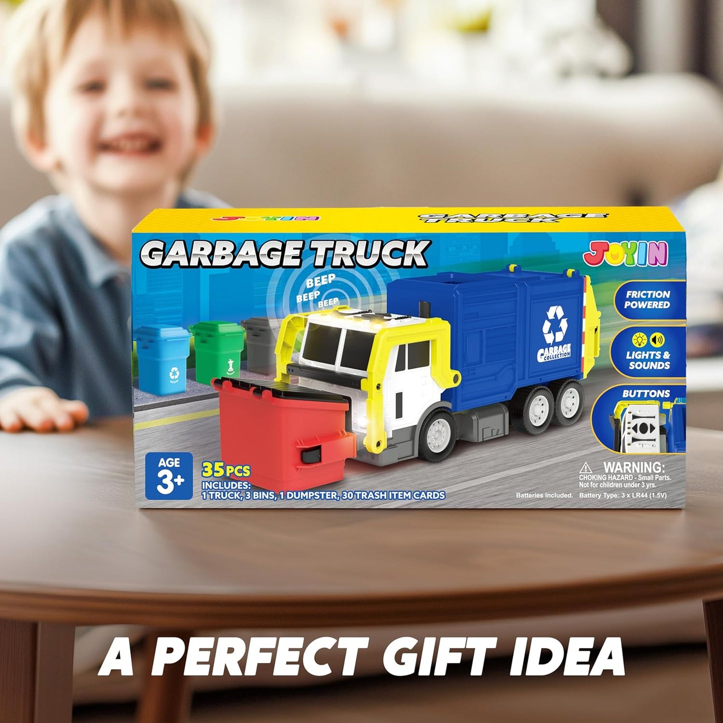 JOYIN Large Friction Powered Garbage Truck Toy Set, Includes Dumpster, Trash Bins, and Learning Cards for Kids Quick Pick Grocers