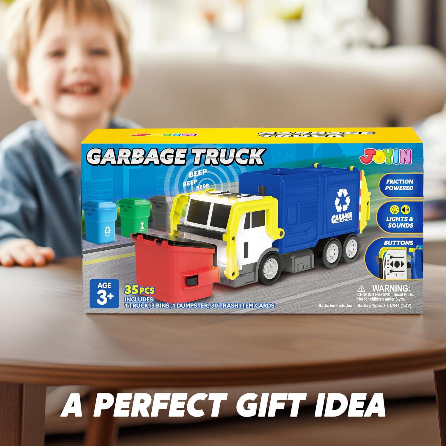 JOYIN Large Friction Powered Garbage Truck Toy Set, Includes Dumpster, Trash Bins, and Learning Cards for Kids Quick Pick Grocers