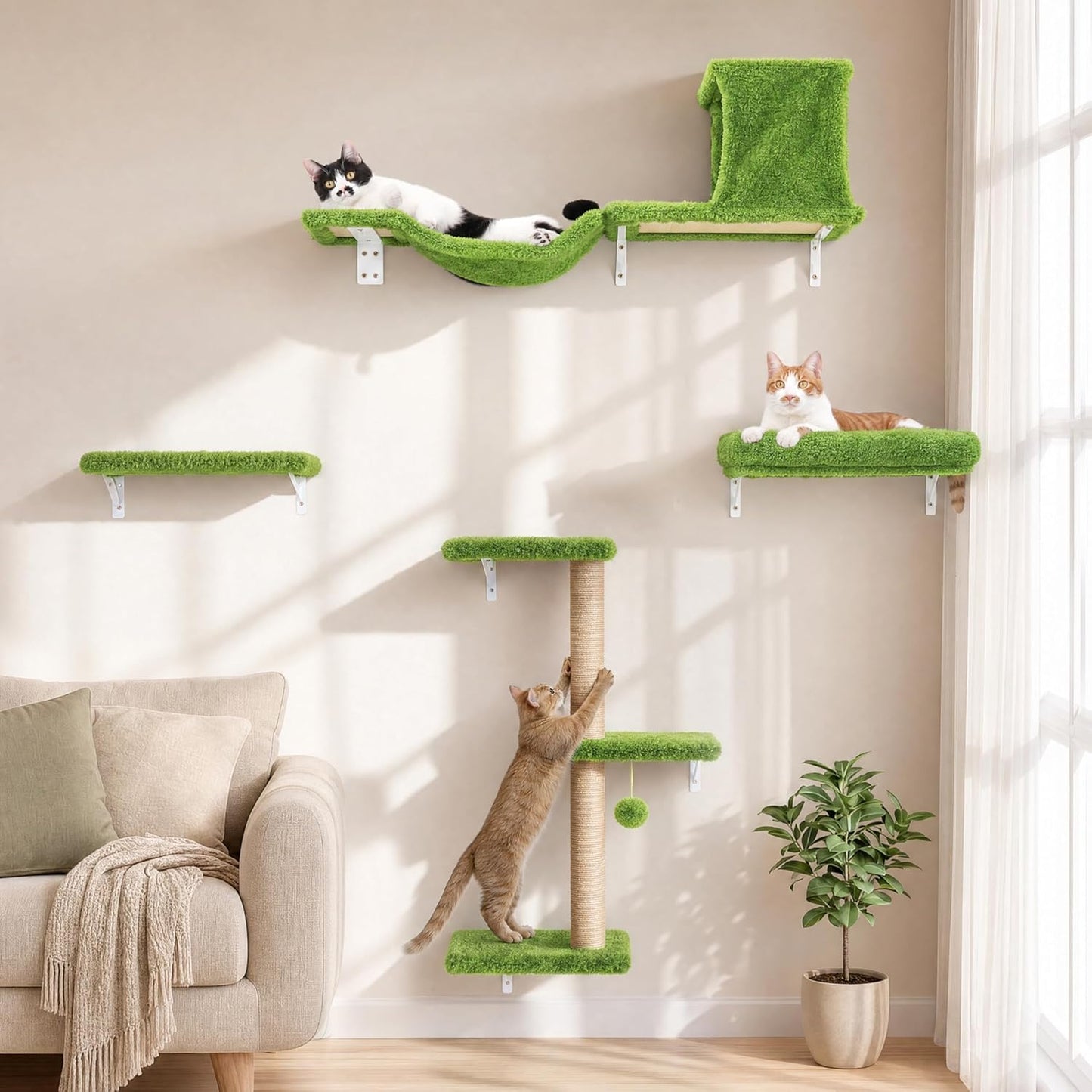FUKUMARU Cat Wall Shelves, Stable & Safe 4 in 1 Cat Walls Furniture Set, Wooden Kitten Climbing Wall with Scratching Post for 16 Inch Drywall Quick Pick Grocers