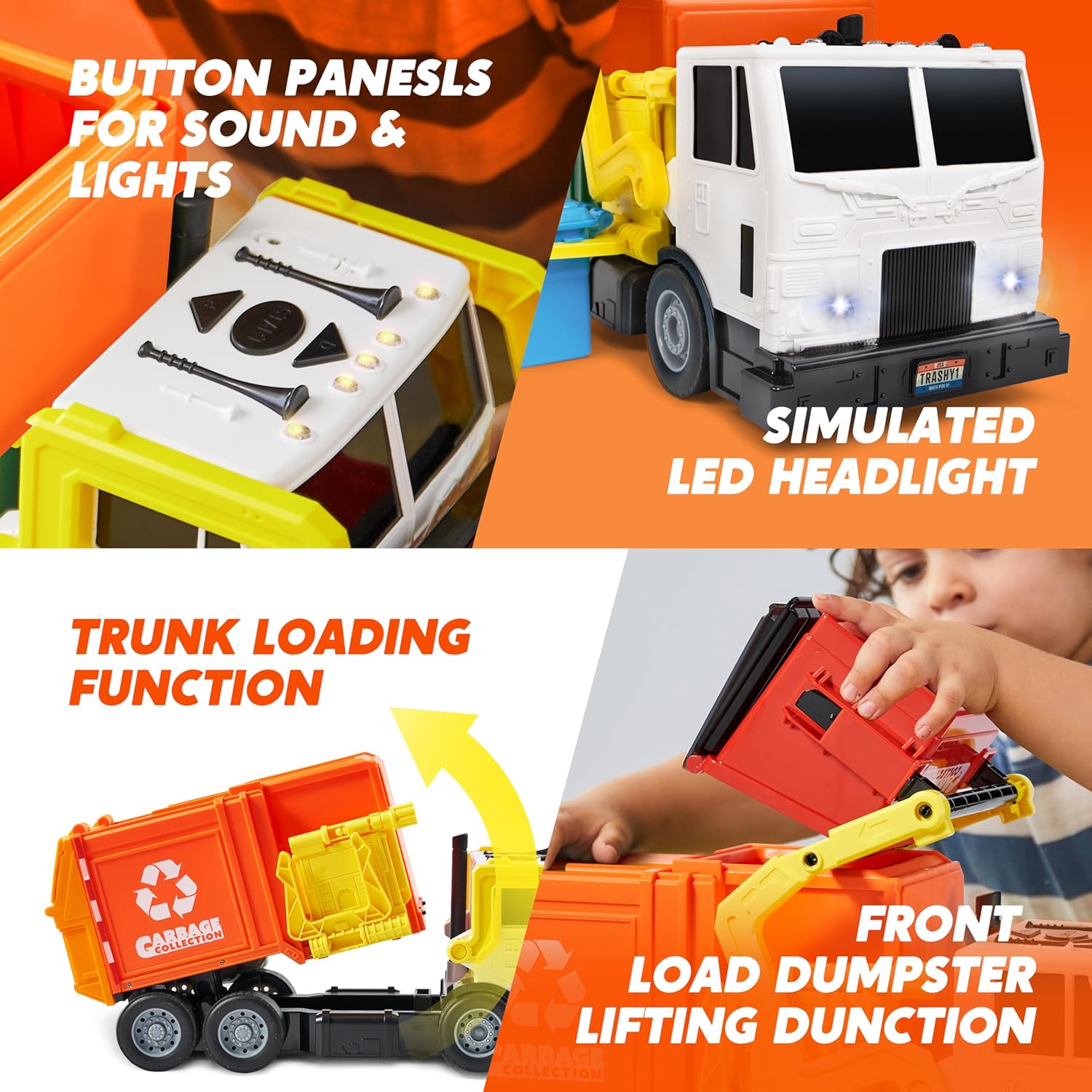 JOYIN Large Friction Powered Garbage Truck Toy Set, Includes Dumpster, Trash Bins, and Learning Cards for Kids Quick Pick Grocers