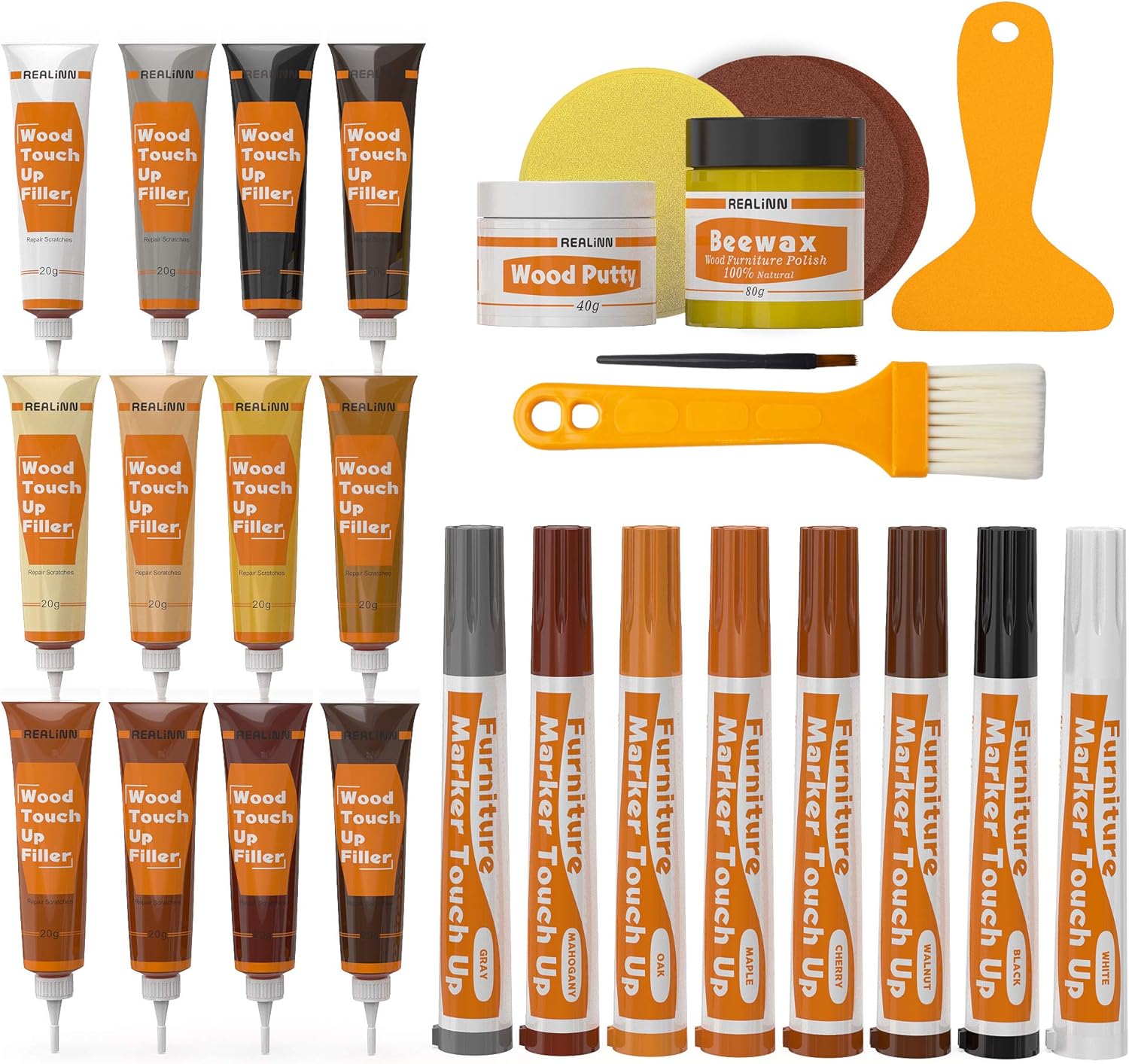REALINN Wood Furniture Repair Kit- Set of 28 - Touch Up Markers, Fillers with Wood Putty - Repair Scratch, Cracks, Hole, Discoloration for Wooden Door, Floor, Table, Cabinet Quick Pick Grocers