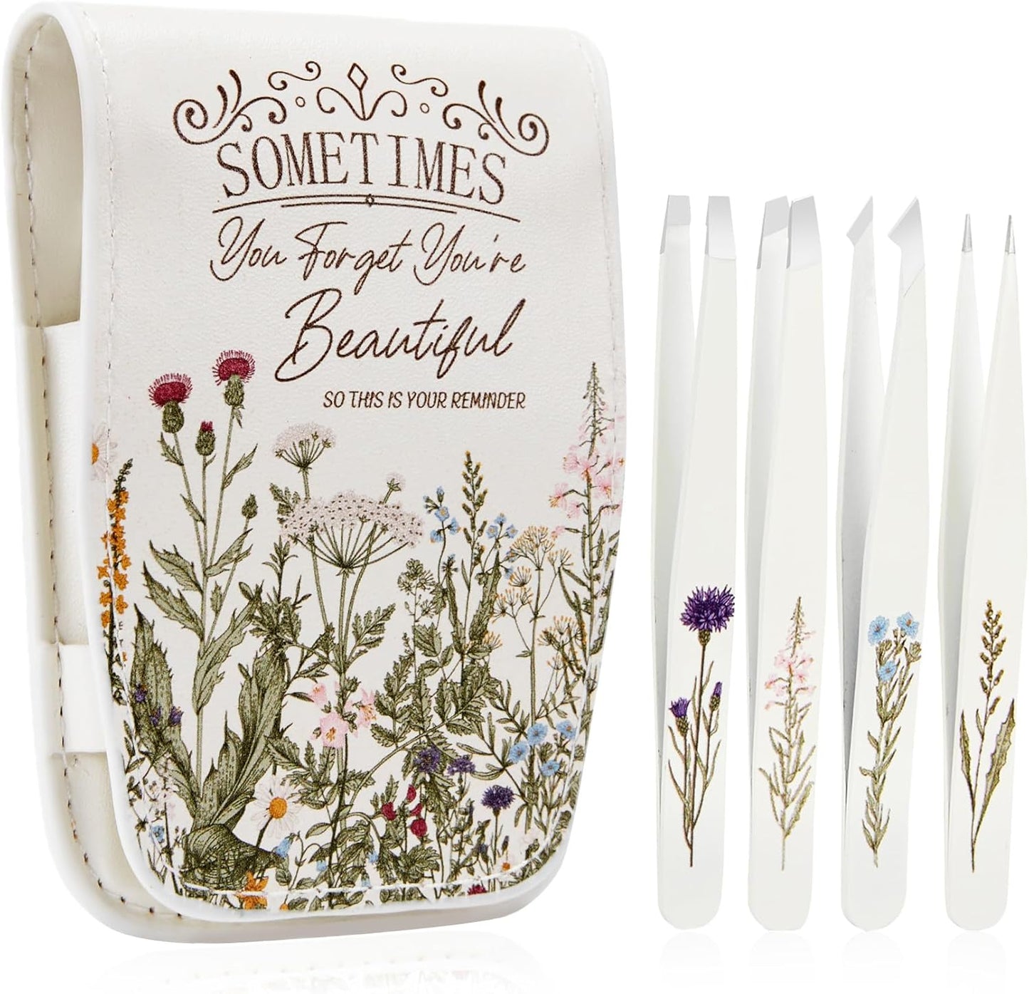 Personalized Tweezers Set for Women Facial Hair in Floral Travel Case, Small Self Care Inspirational Easter Gifts for Her Friend, Eyebrow Ingrown Hair Splinter Removal Grooming Kit Quick Pick Grocers