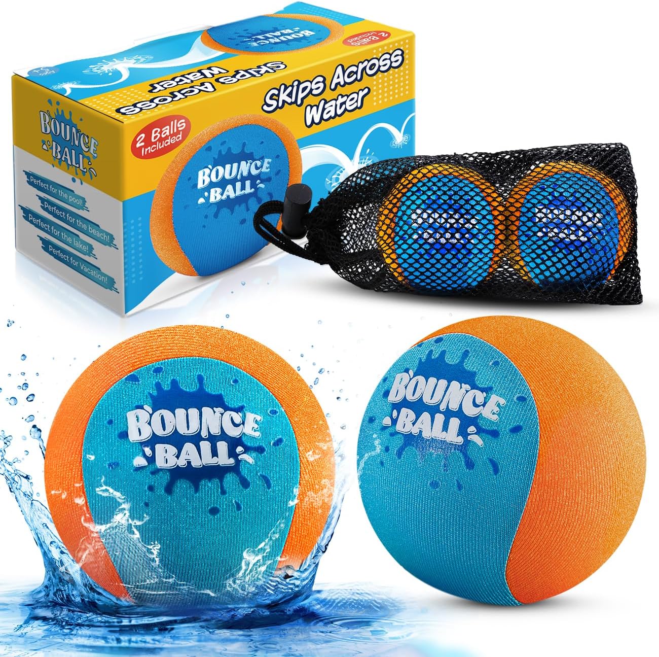 Bambilo Water Skipping Ball | 2-Pack Bounce Balls | Water Bouncing Beach Balls & Grip Ball | Pool Toys for Kids Age 5-8-12 | Great Summer Water Toy for Beach Swimming Pool River Lake Quick Pick Grocers
