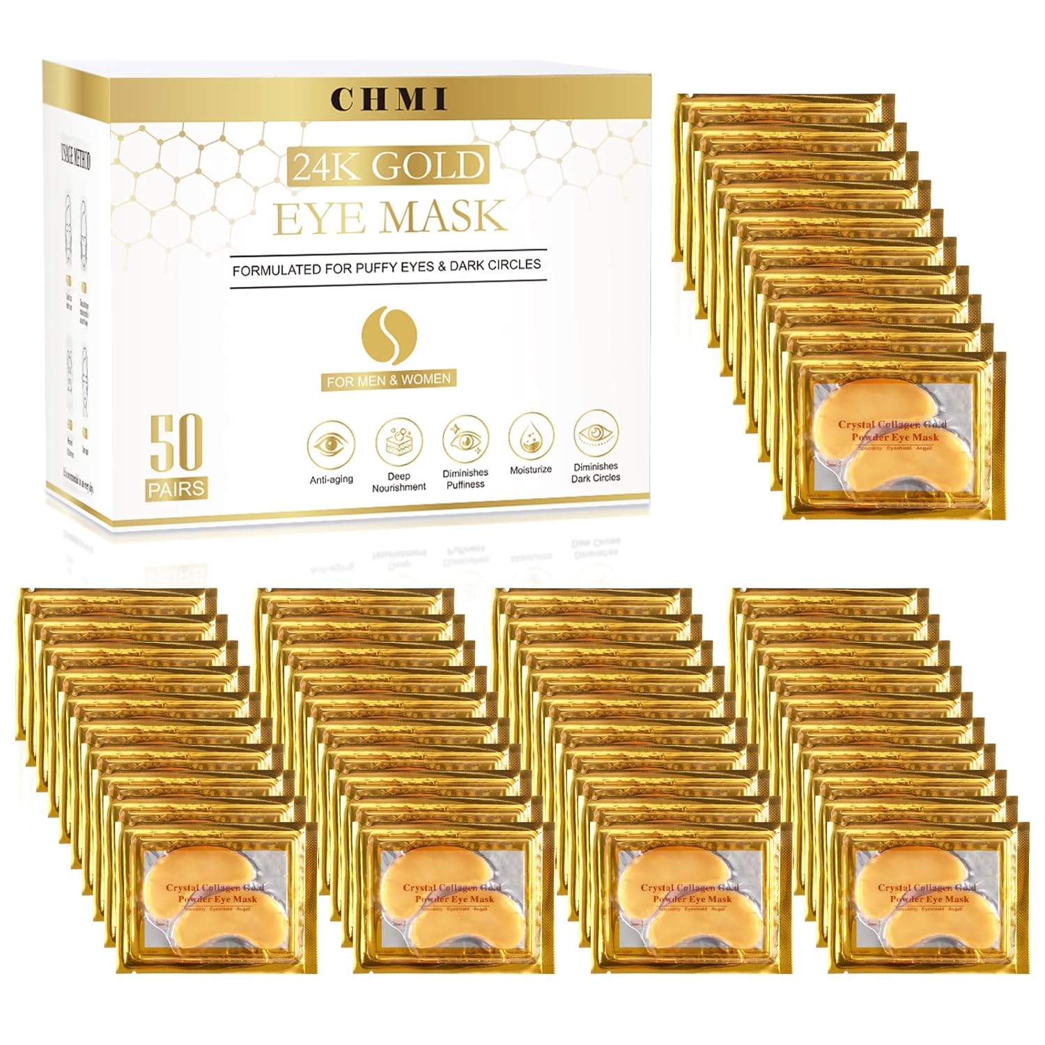 CHMI Under Eye Patches (50 Pairs) - 24K Gold Eye Patches for Puffy Eyes, Dark Circles, EyeBags and Wrinkles, Collagen Skin Care Products, Beauty & Personal Care Quick Pick Grocers