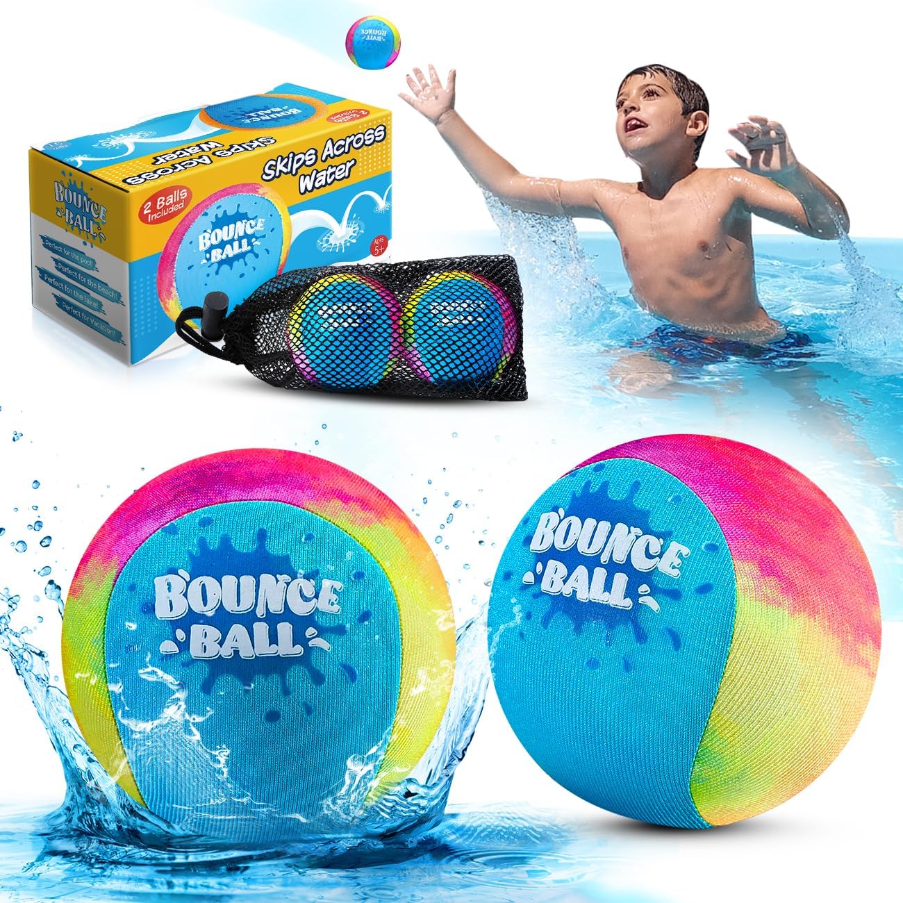 Bambilo Water Skipping Ball | 2-Pack Bounce Balls | Water Bouncing Beach Balls & Grip Ball | Pool Toys for Kids Age 5-8-12 | Great Summer Water Toy for Beach Swimming Pool River Lake Quick Pick Grocers