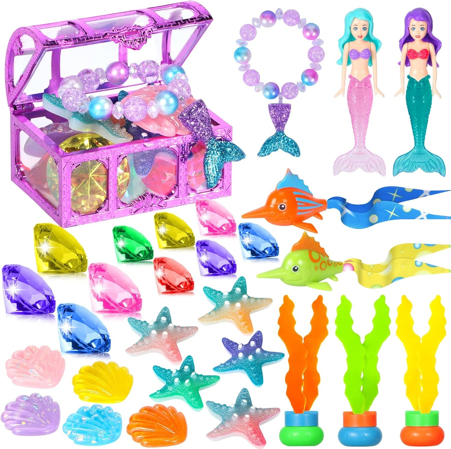 VGOFUN Diving Gems Pool Toys,10 Pcs Colorful Diamond with Treasure Chest Pirate Box Kids Swim Toys Acrylic Underwater Gemstone for Boys Girls Bath Toys Swimming Training Gift Water Pool Games Quick Pick Grocers