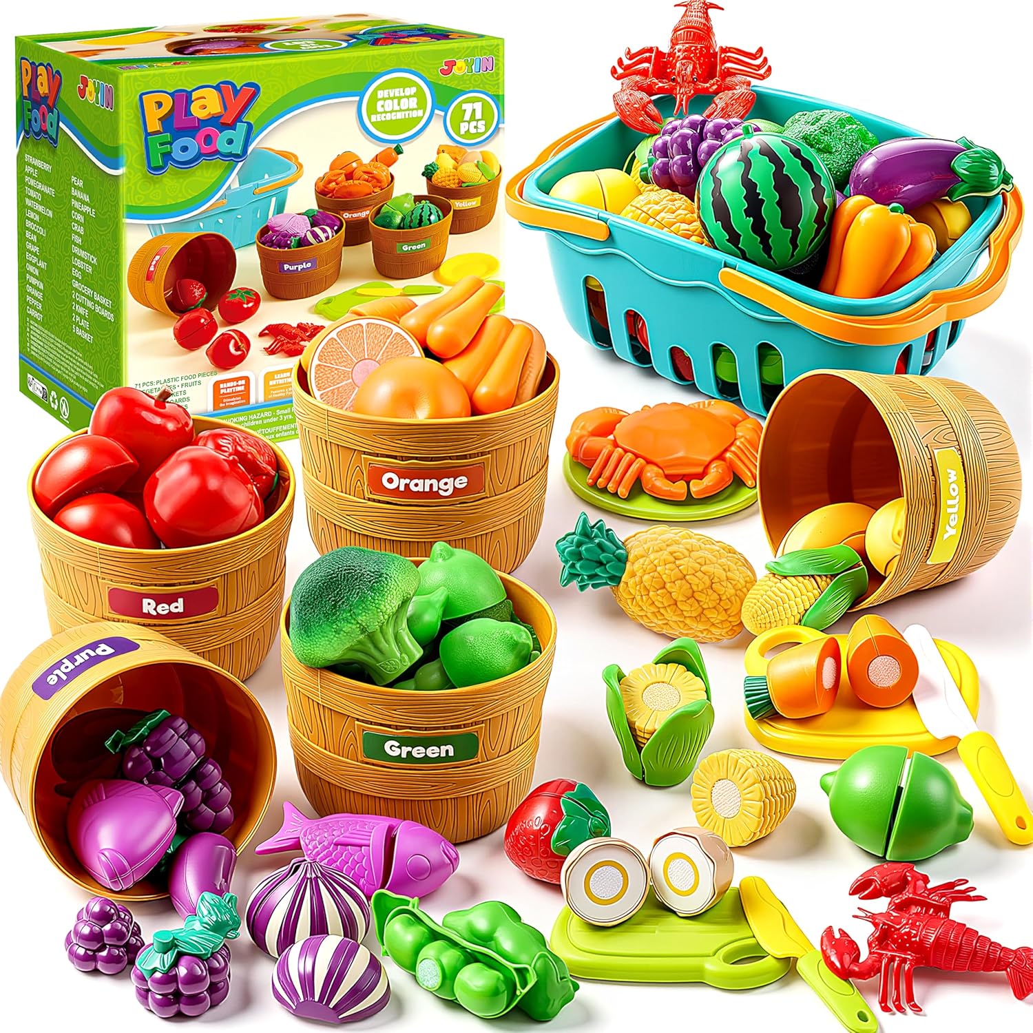 Learning Toys Play Food Set for Toddlers, Cutting Food for Preschool Activities, Play Kitchen Accessories, Educational Toys, Color Sorting Set for Boys & Girls, Back to School Gifts for Toddlers Quick Pick Grocers