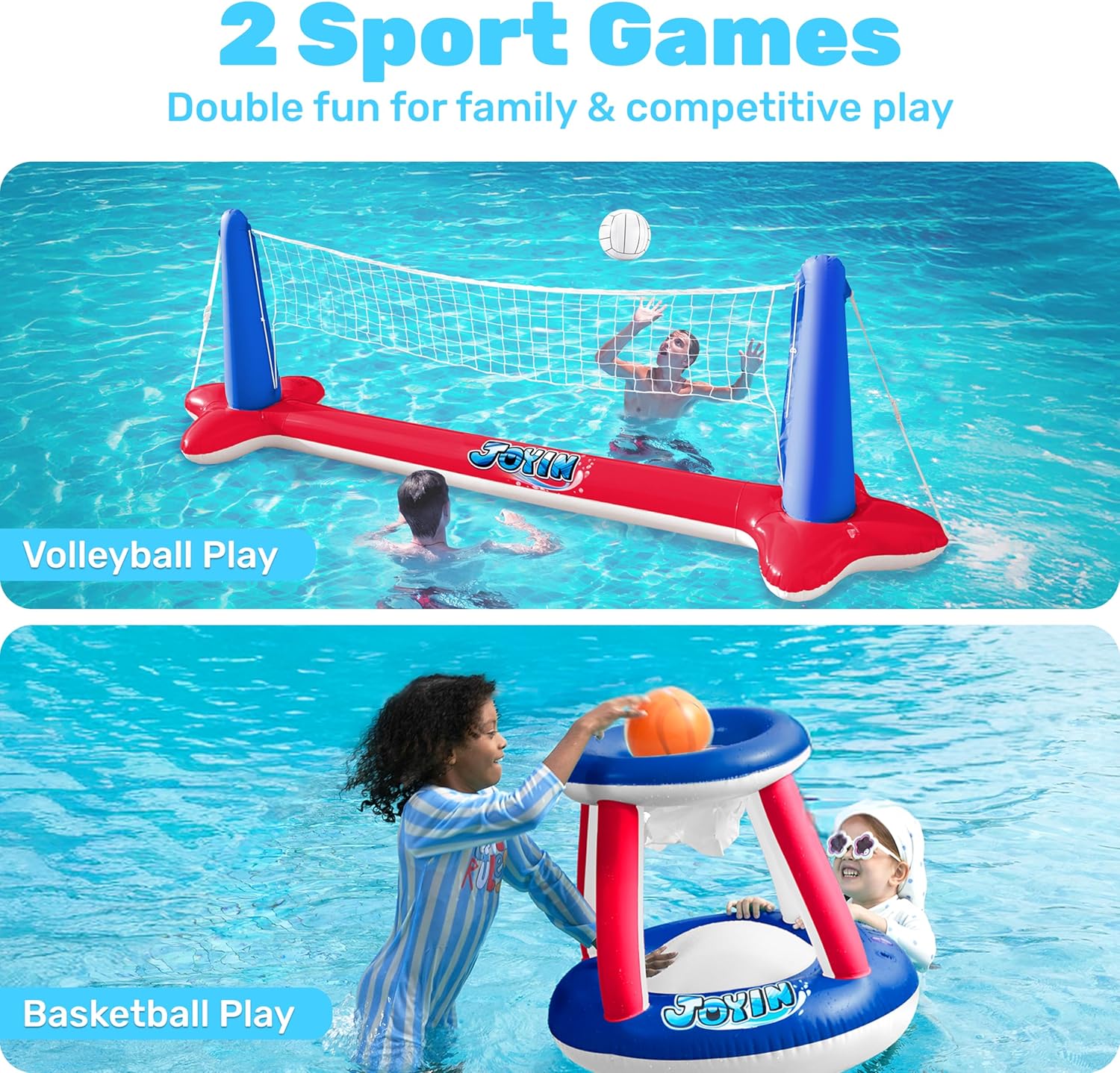 JOYIN Inflatable Pool Float Set Volleyball Net & Basketball Hoops, Balls Included for Kids and Adults Swimming Game Toy, Summer Floaties, Volleyball Court |Basketball Quick Pick Grocers