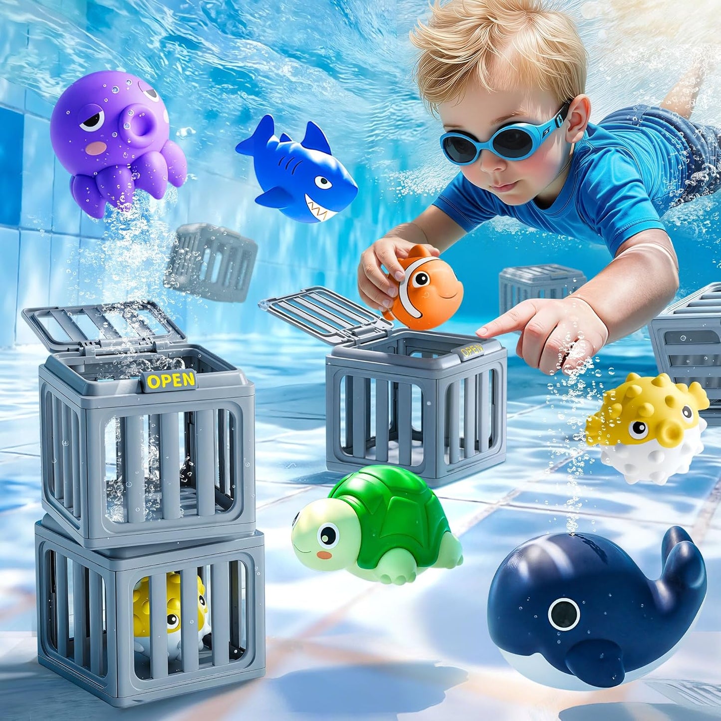 Funscape Kids Pool Diving Toys, Water Swimming Dive Pool Game, Toddler Bath Toy Play Set W/ Fish Box Floating Animals, Fun Outdoor Beach Lake Swim Summer Party Gift 3 4 5 6 7 8 10 12 Year Old Boy Girl Quick Pick Grocers