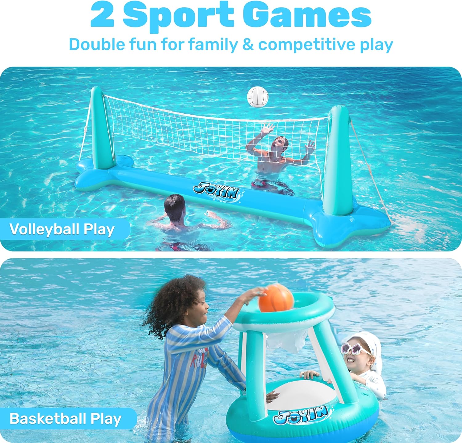 JOYIN Inflatable Pool Float Set Volleyball Net & Basketball Hoops, Balls Included for Kids and Adults Swimming Game Toy, Summer Floaties, Volleyball Court |Basketball Quick Pick Grocers