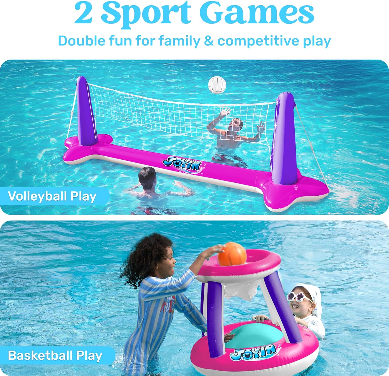 JOYIN Inflatable Pool Float Set Volleyball Net & Basketball Hoops, Balls Included for Kids and Adults Swimming Game Toy, Summer Floaties, Volleyball Court |Basketball Quick Pick Grocers