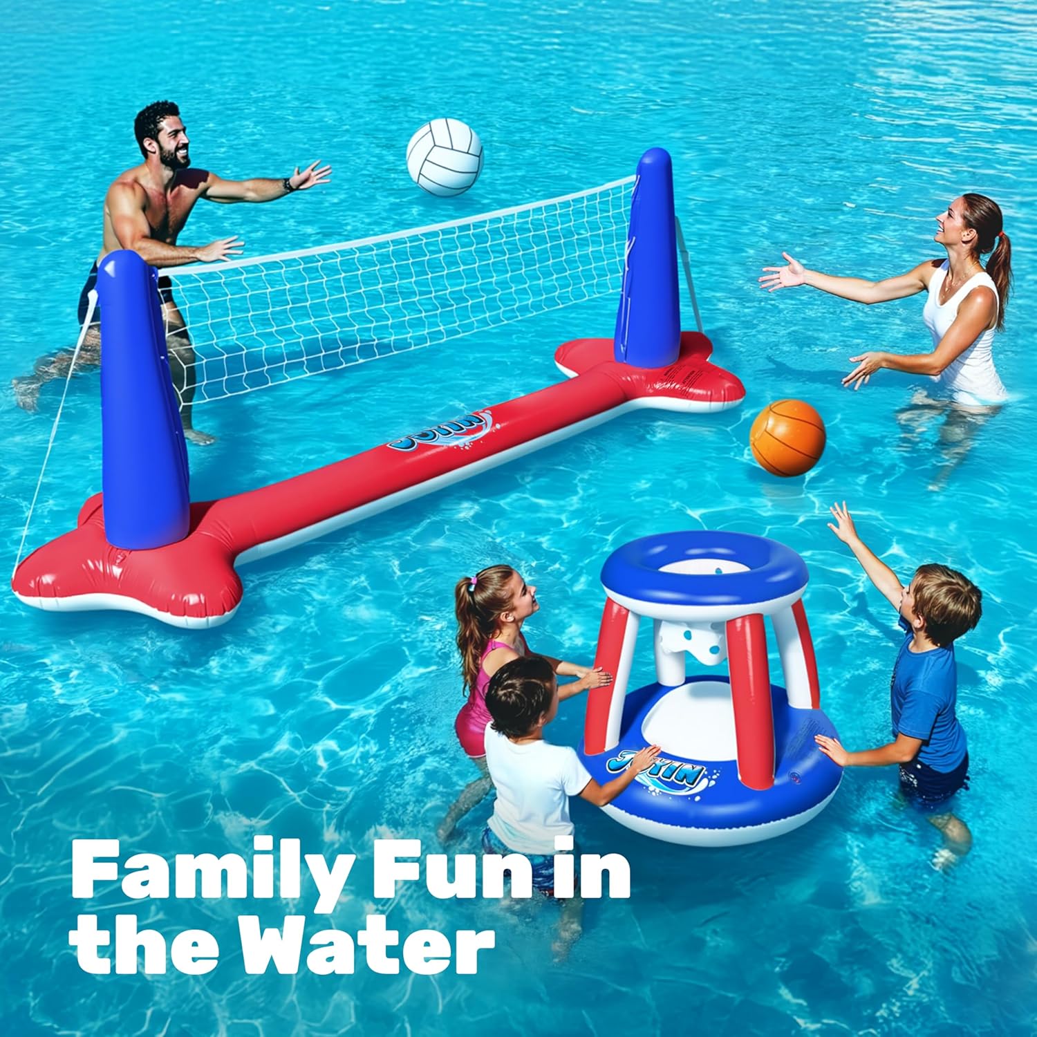 JOYIN Inflatable Pool Float Set Volleyball Net & Basketball Hoops, Balls Included for Kids and Adults Swimming Game Toy, Summer Floaties, Volleyball Court |Basketball Quick Pick Grocers
