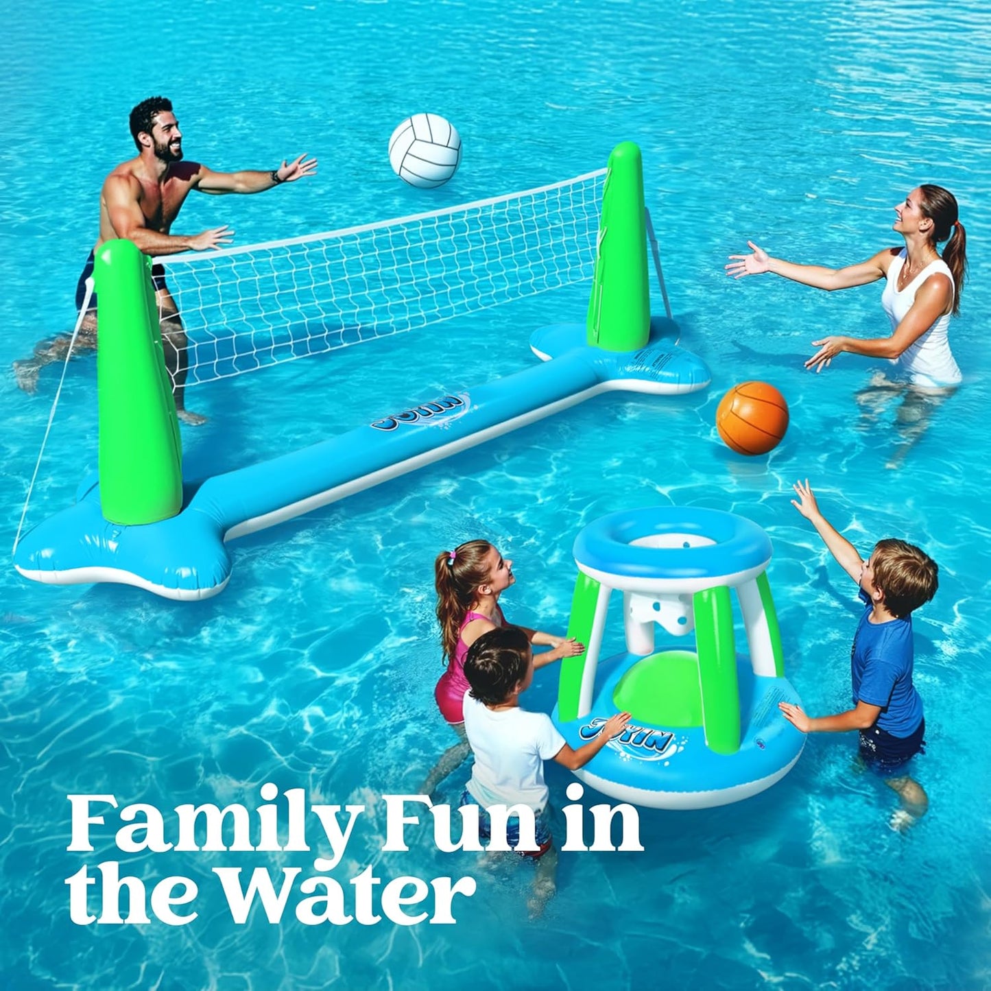 JOYIN Inflatable Pool Float Set Volleyball Net & Basketball Hoops, Balls Included for Kids and Adults Swimming Game Toy, Summer Floaties, Volleyball Court |Basketball Quick Pick Grocers