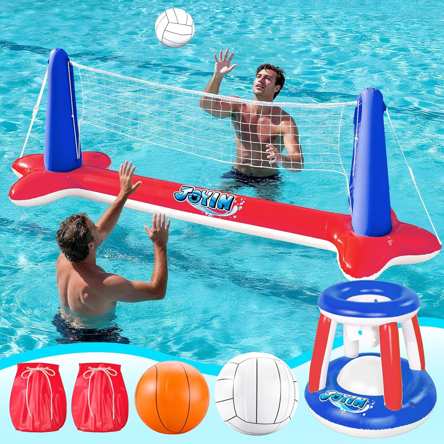 JOYIN Inflatable Pool Float Set Volleyball Net & Basketball Hoops, Balls Included for Kids and Adults Swimming Game Toy, Summer Floaties, Volleyball Court |Basketball Quick Pick Grocers