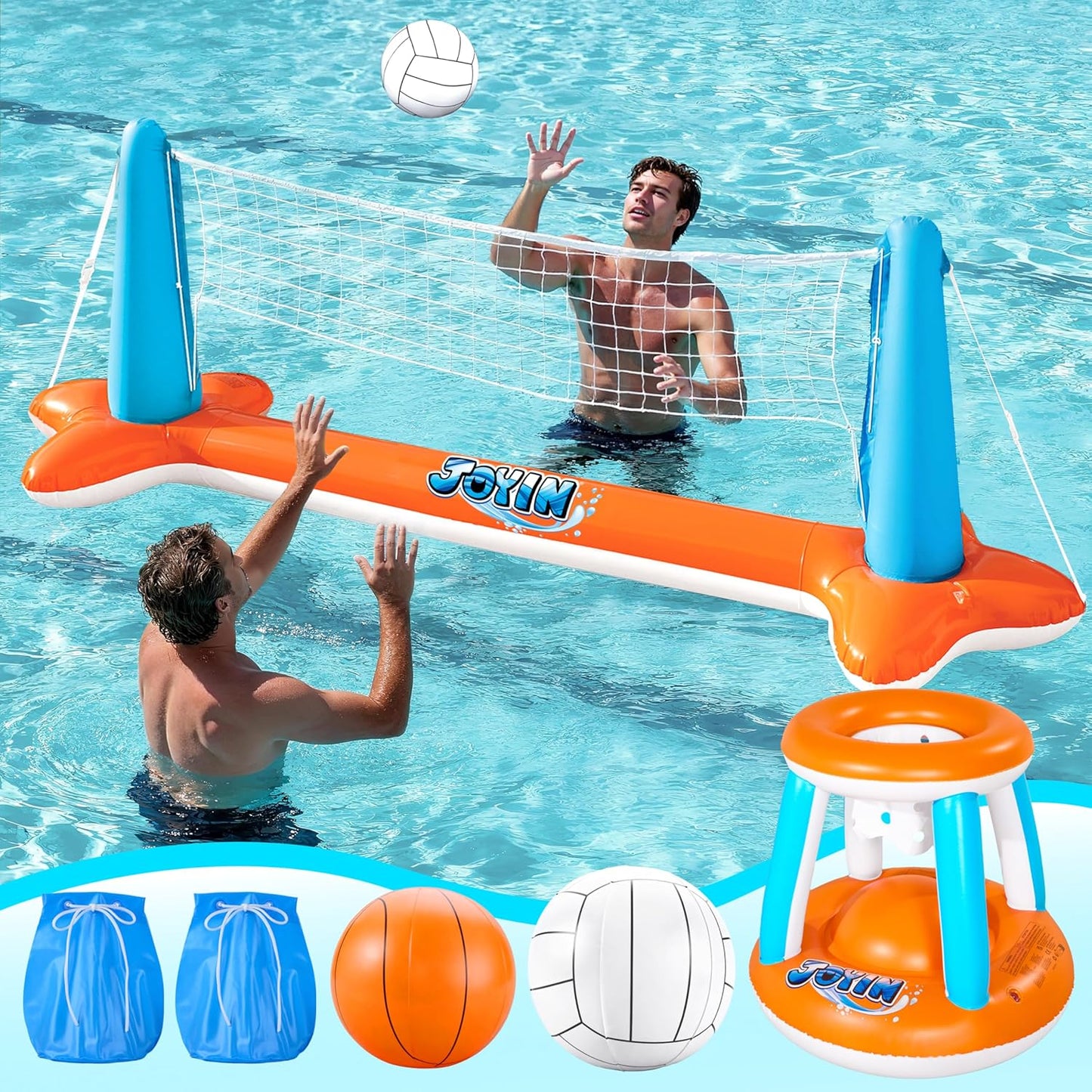 JOYIN Inflatable Pool Float Set Volleyball Net & Basketball Hoops, Balls Included for Kids and Adults Swimming Game Toy, Summer Floaties, Volleyball Court |Basketball Quick Pick Grocers