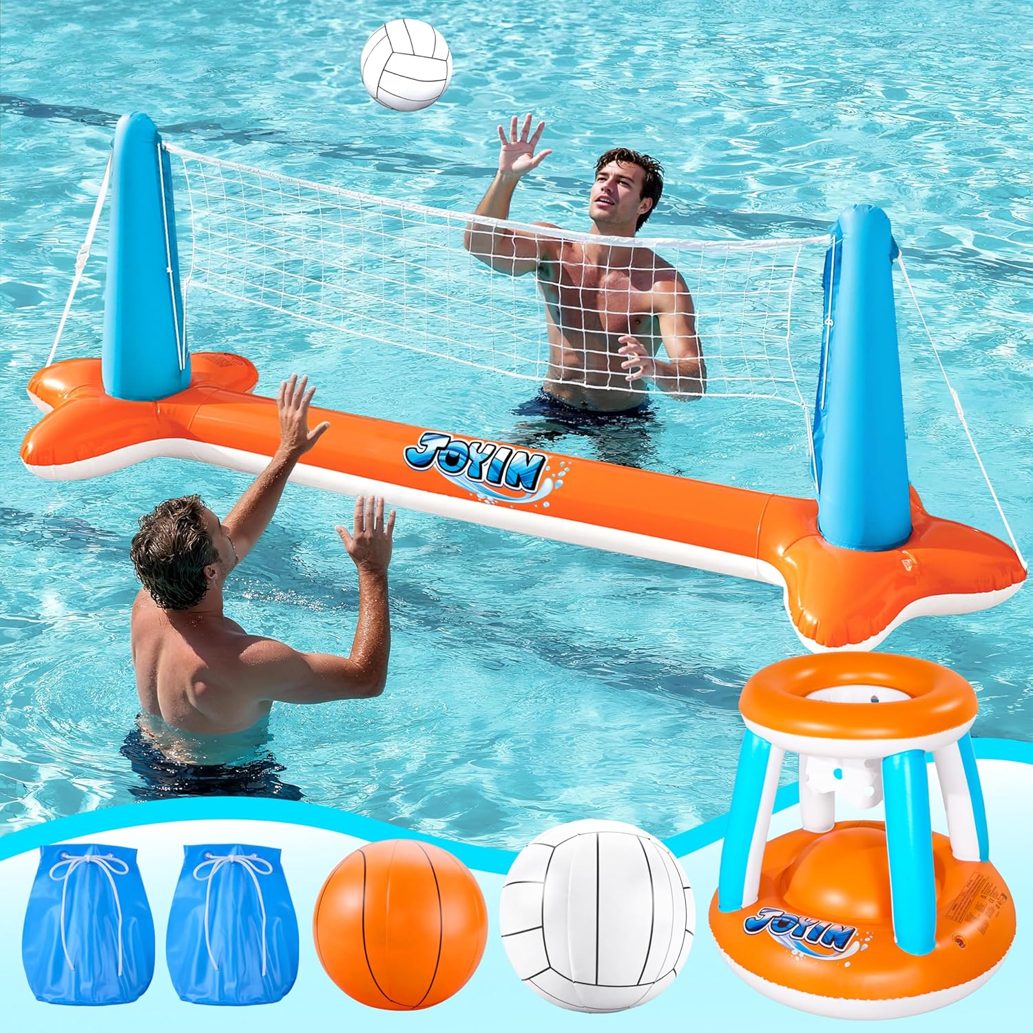 JOYIN Inflatable Pool Float Set Volleyball Net & Basketball Hoops, Balls Included for Kids and Adults Swimming Game Toy, Summer Floaties, Volleyball Court |Basketball Quick Pick Grocers