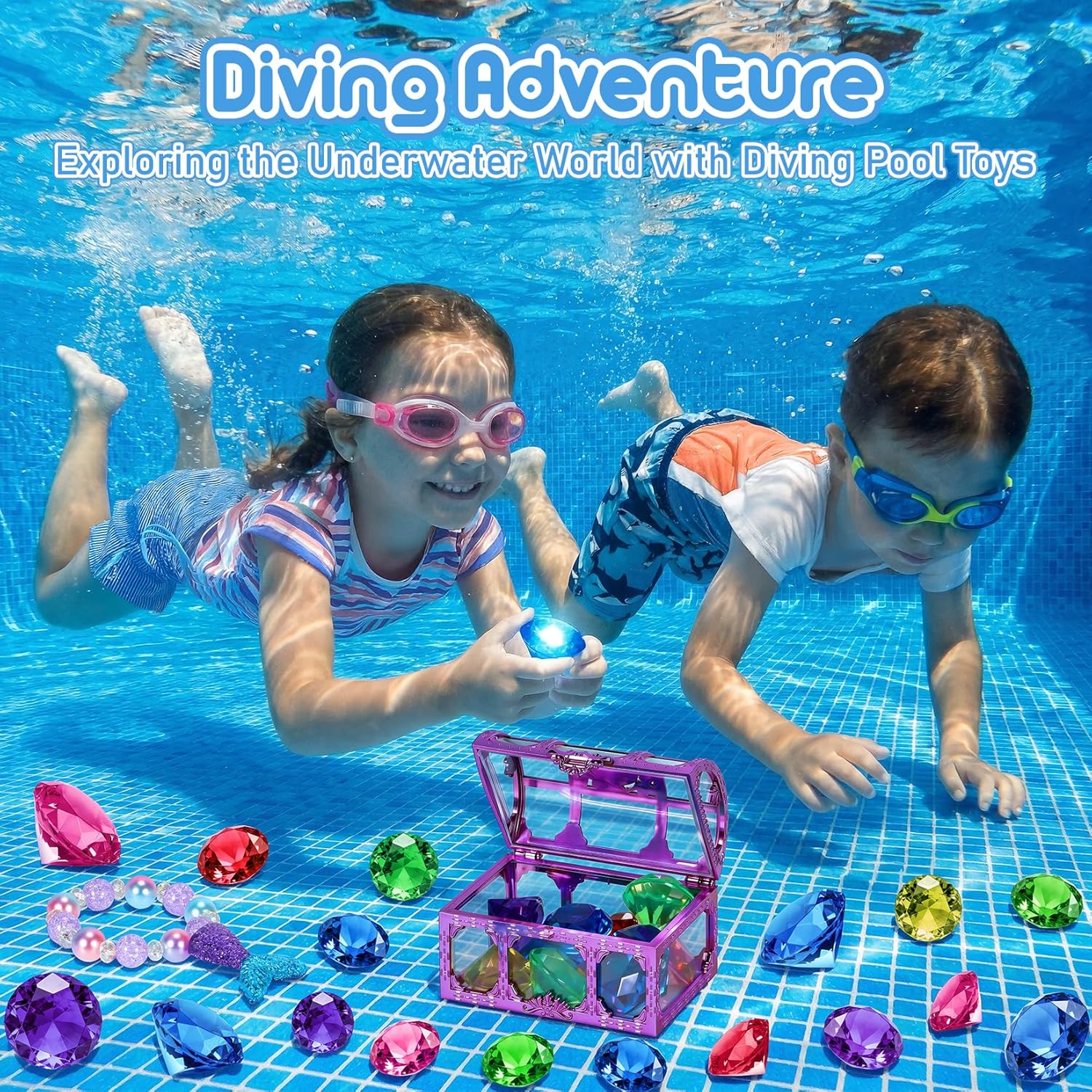 VGOFUN Diving Gems Pool Toys,10 Pcs Colorful Diamond with Treasure Chest Pirate Box Kids Swim Toys Acrylic Underwater Gemstone for Boys Girls Bath Toys Swimming Training Gift Water Pool Games Quick Pick Grocers