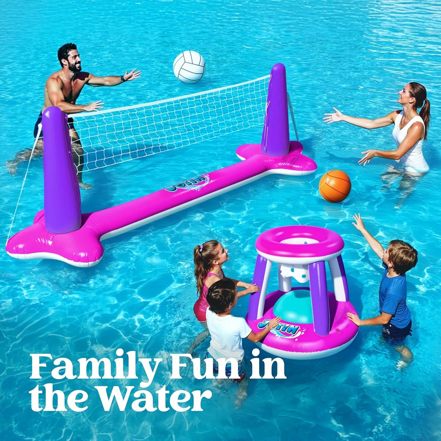 JOYIN Inflatable Pool Float Set Volleyball Net & Basketball Hoops, Balls Included for Kids and Adults Swimming Game Toy, Summer Floaties, Volleyball Court |Basketball Quick Pick Grocers