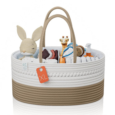 KiddyCare Baby Diaper Caddy Organizer, Cotton Nursery Baby Gift Basket with Handle Lid Baby Caddy Organizer, Portable Baby Basket Diapers & Wipes, Basket for Moms Quick Pick Grocers