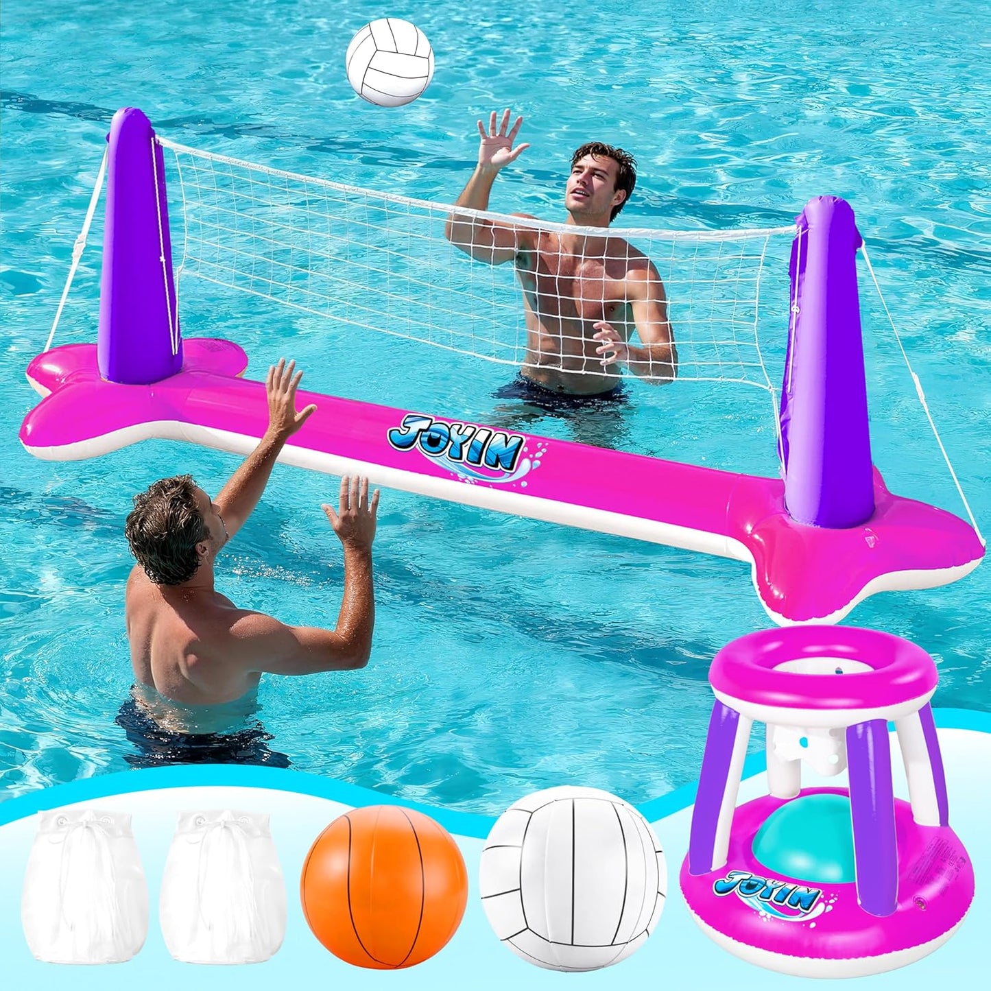 JOYIN Inflatable Pool Float Set Volleyball Net & Basketball Hoops, Balls Included for Kids and Adults Swimming Game Toy, Summer Floaties, Volleyball Court |Basketball Quick Pick Grocers