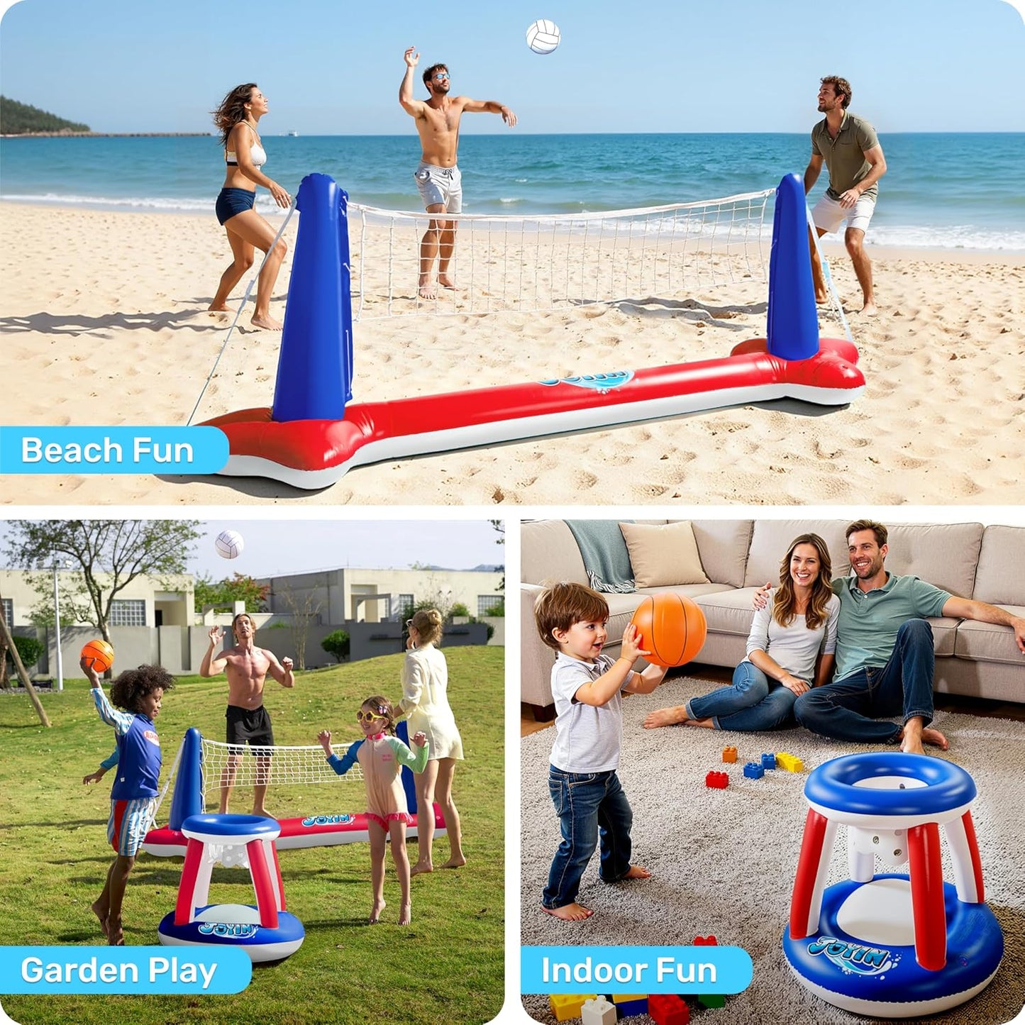 JOYIN Inflatable Pool Float Set Volleyball Net & Basketball Hoops, Balls Included for Kids and Adults Swimming Game Toy, Summer Floaties, Volleyball Court |Basketball Quick Pick Grocers