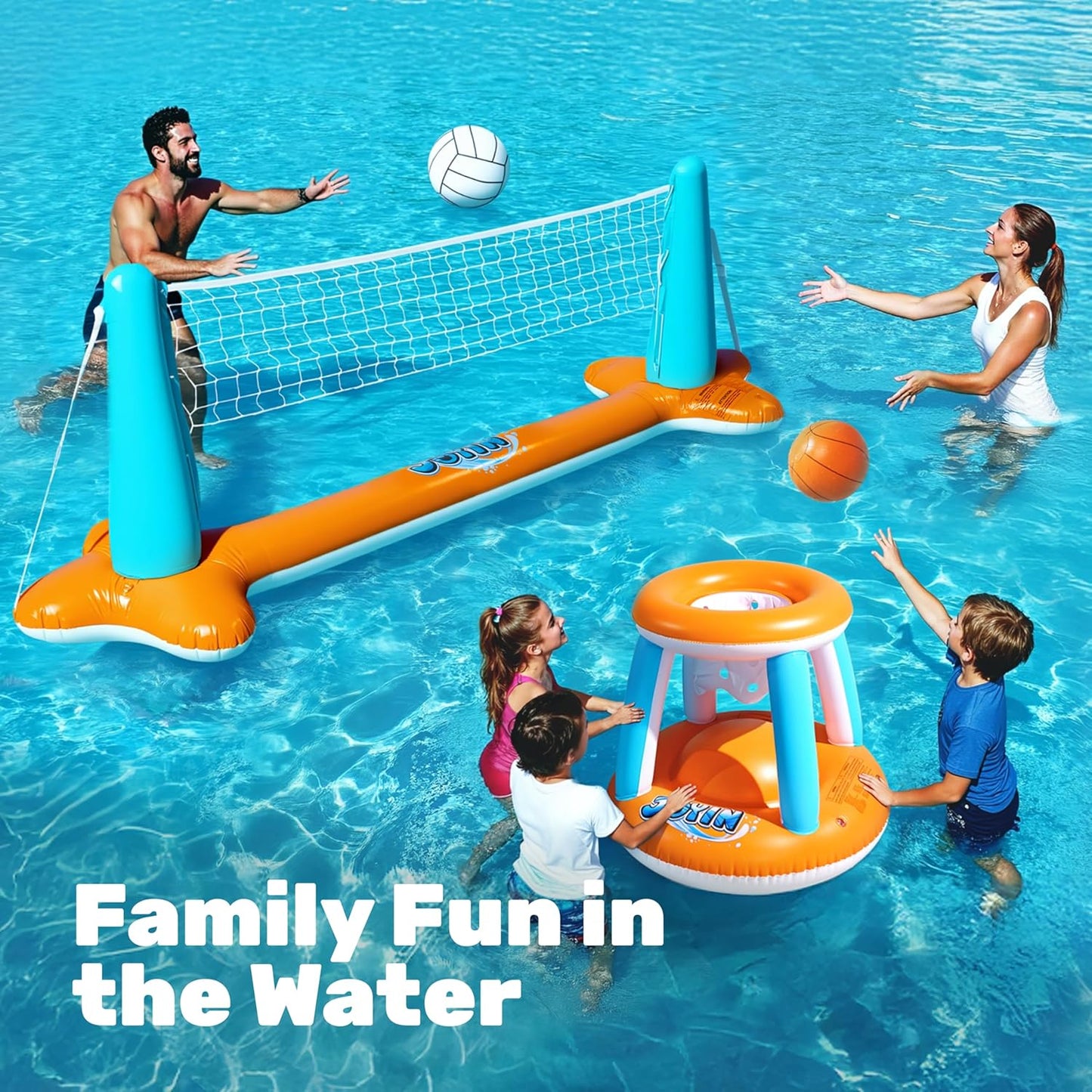 JOYIN Inflatable Pool Float Set Volleyball Net & Basketball Hoops, Balls Included for Kids and Adults Swimming Game Toy, Summer Floaties, Volleyball Court |Basketball Quick Pick Grocers